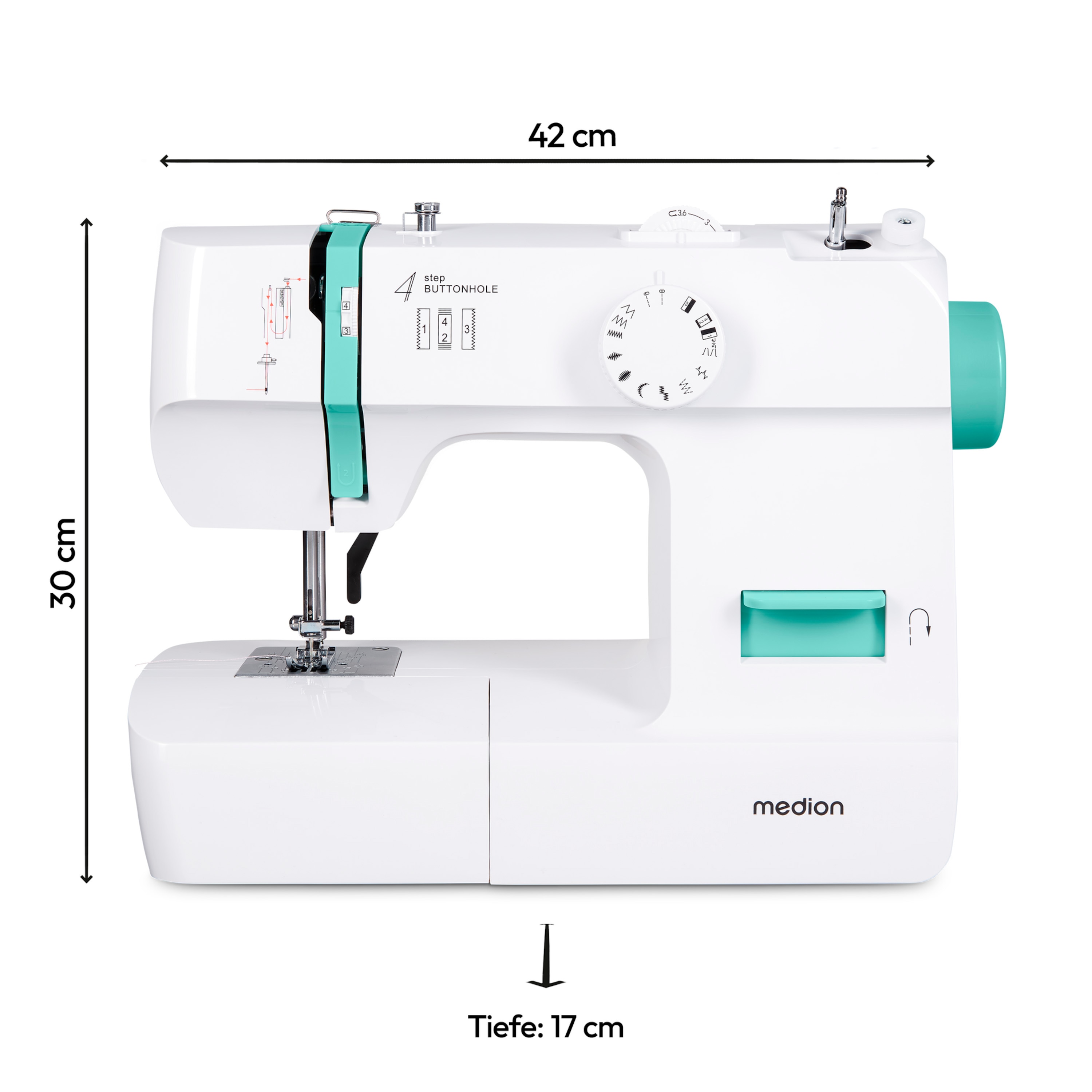 MEDION® LIFE Nähmaschine SM70 (MD 11179) , 12 verschiedene Stickmuster, 4-Stufen-Knopfloch,  einstellbare Stichlänge, 70-Watt-Motorleistung