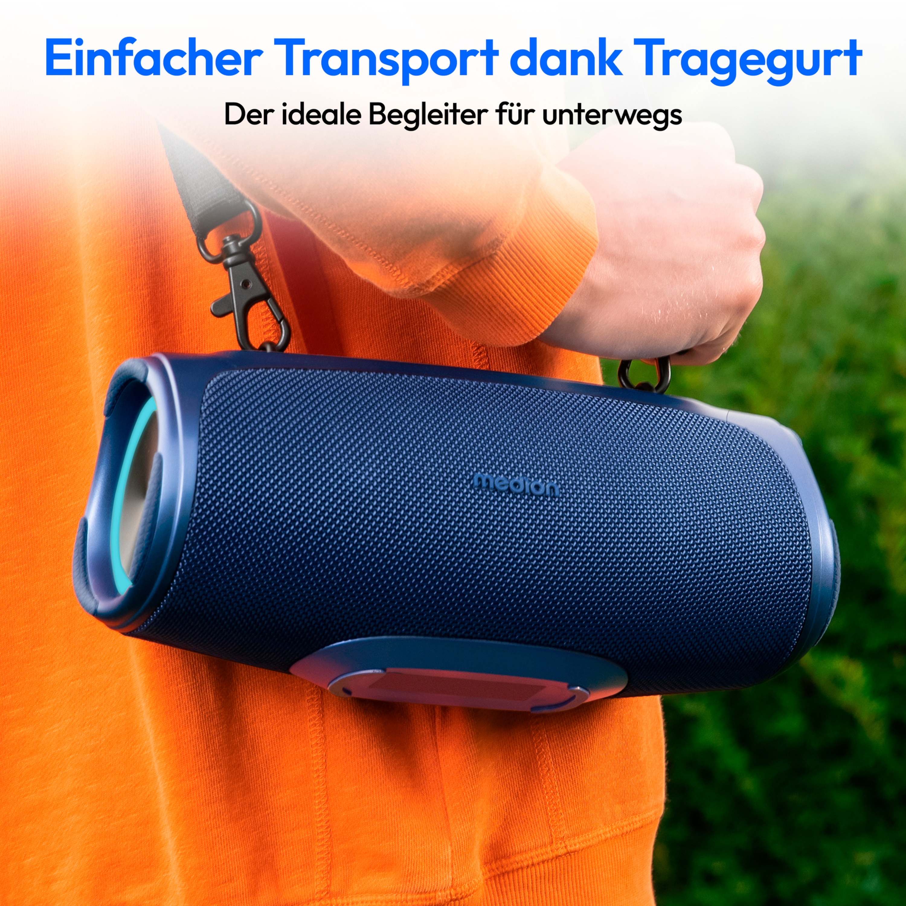 MEDION® LIFE® P61746 Tragbarer Bluetooth® Lautsprecher M, Dual Illuminated (RGB-Lichteffekte), Bluetooth® 5.3, integrierter Akku mit bis zu 42 Stunden Laufzeit, robustes & mobiles Design, 2 x 15 W RMS