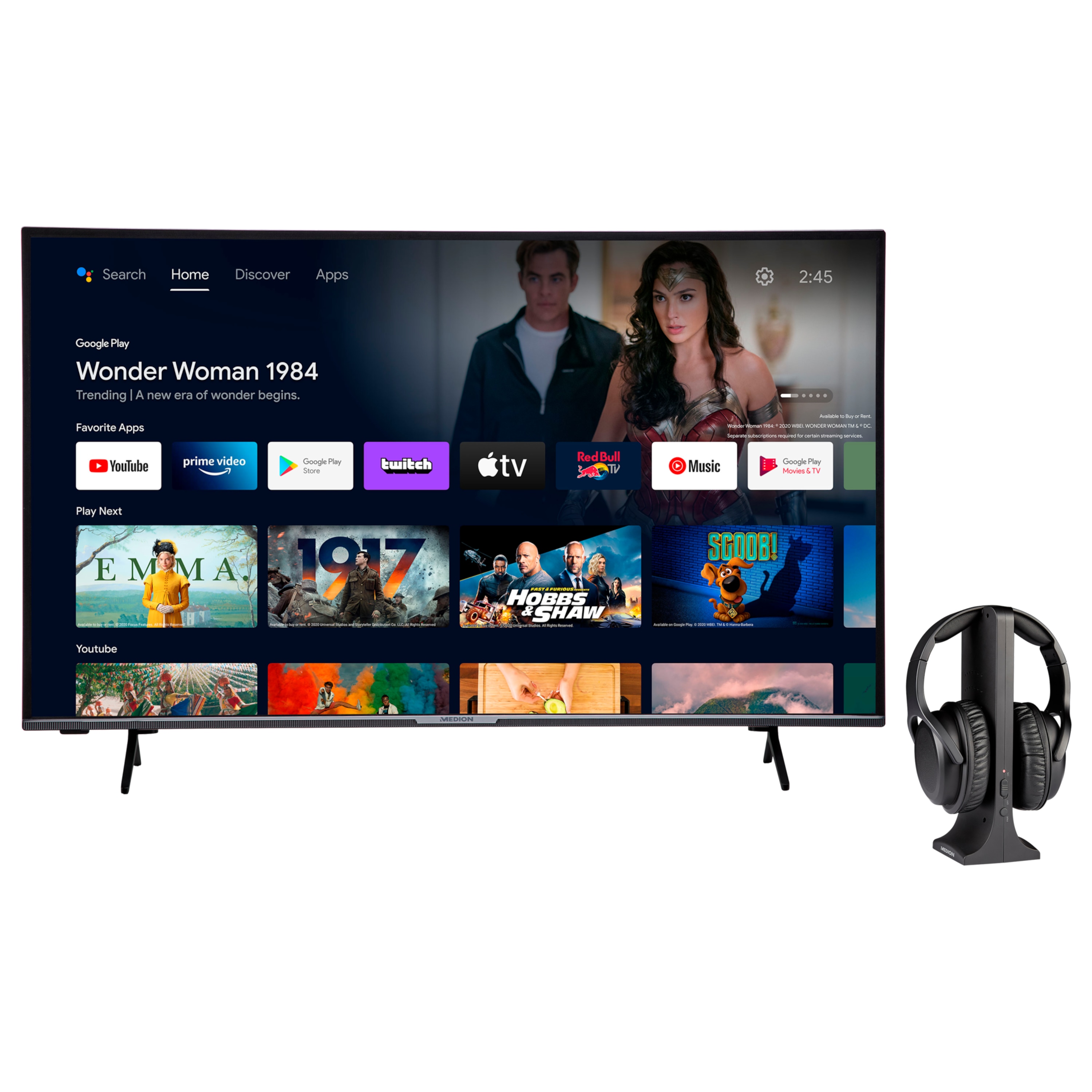 MEDION® LIFE® X15098 (MD 31821)  Android TV, 125,7 cm (50'') Ultra HD +MEDION® LIFE® E62003 Funkkopfhörer