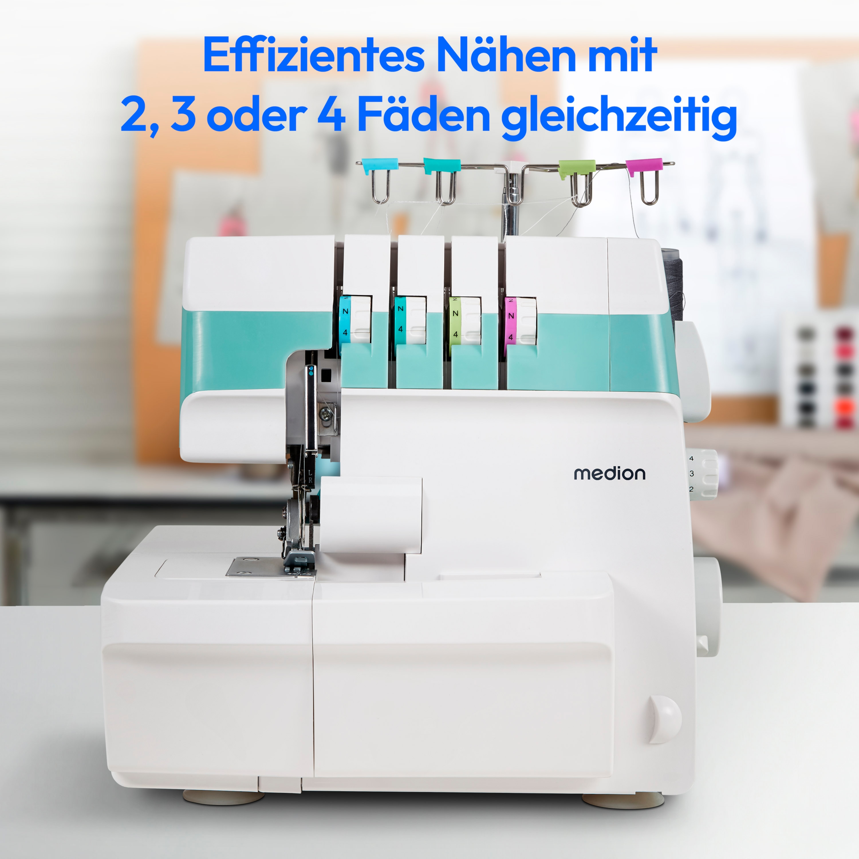 MEDION® Overlock-Nähmaschine MD 19169, 90 W Leistung, LED Licht, nähen mit 4 Fäden gleichzeitig, umfangreiches Zubehör