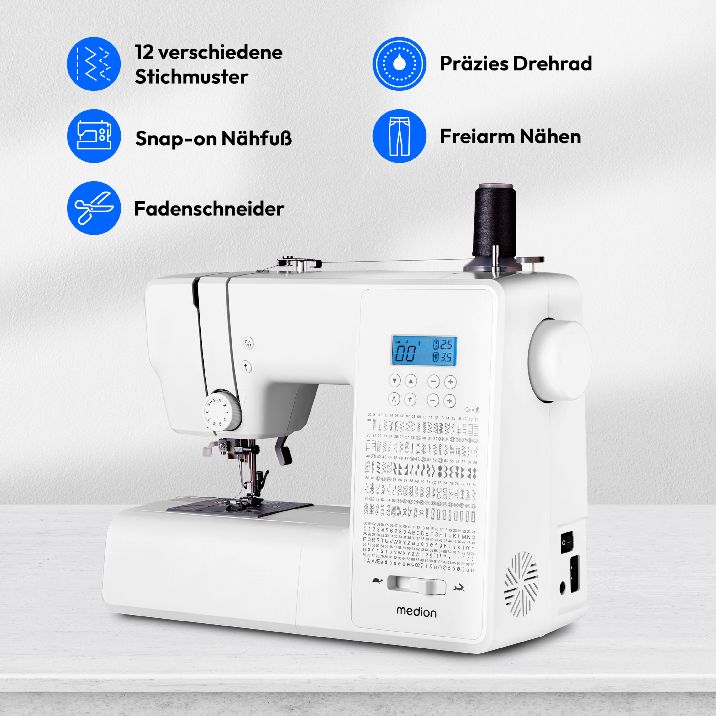 MEDION® LIFE® Digitale Nähmaschine SD36 (MD11881), einstellbare Stichlänge und Stichbreite, 270 Stichmuster, Integriertes Zubehörfach, 36 Watt Motorleistung