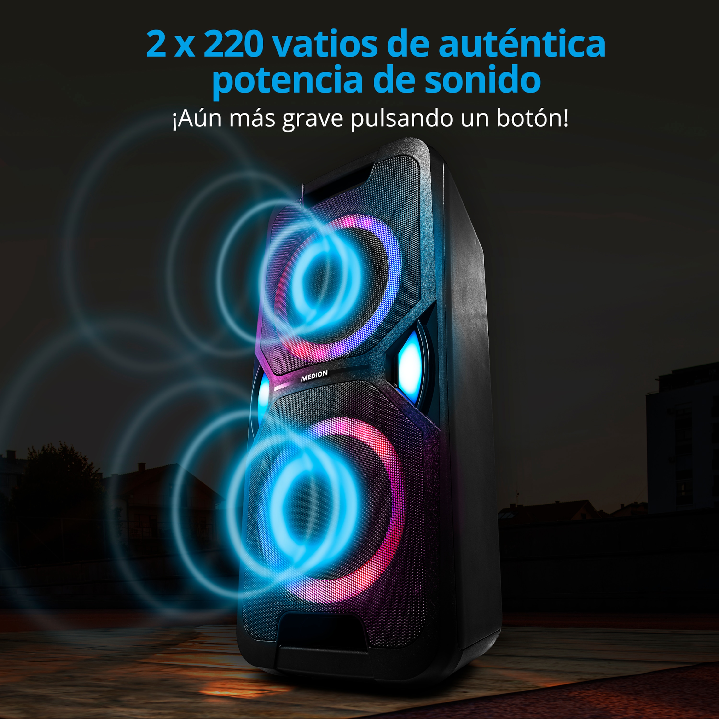MEDION® LIFE® P67038 Partylautsprecher, PLL-UKW Radio, Bluetooth® 5.0, satter Sound, verschiedene Lichteffekte, X-Bass Bassanhebung, inkl. Mikrofon, 2 x 22 W RMS Ausgangsleistung