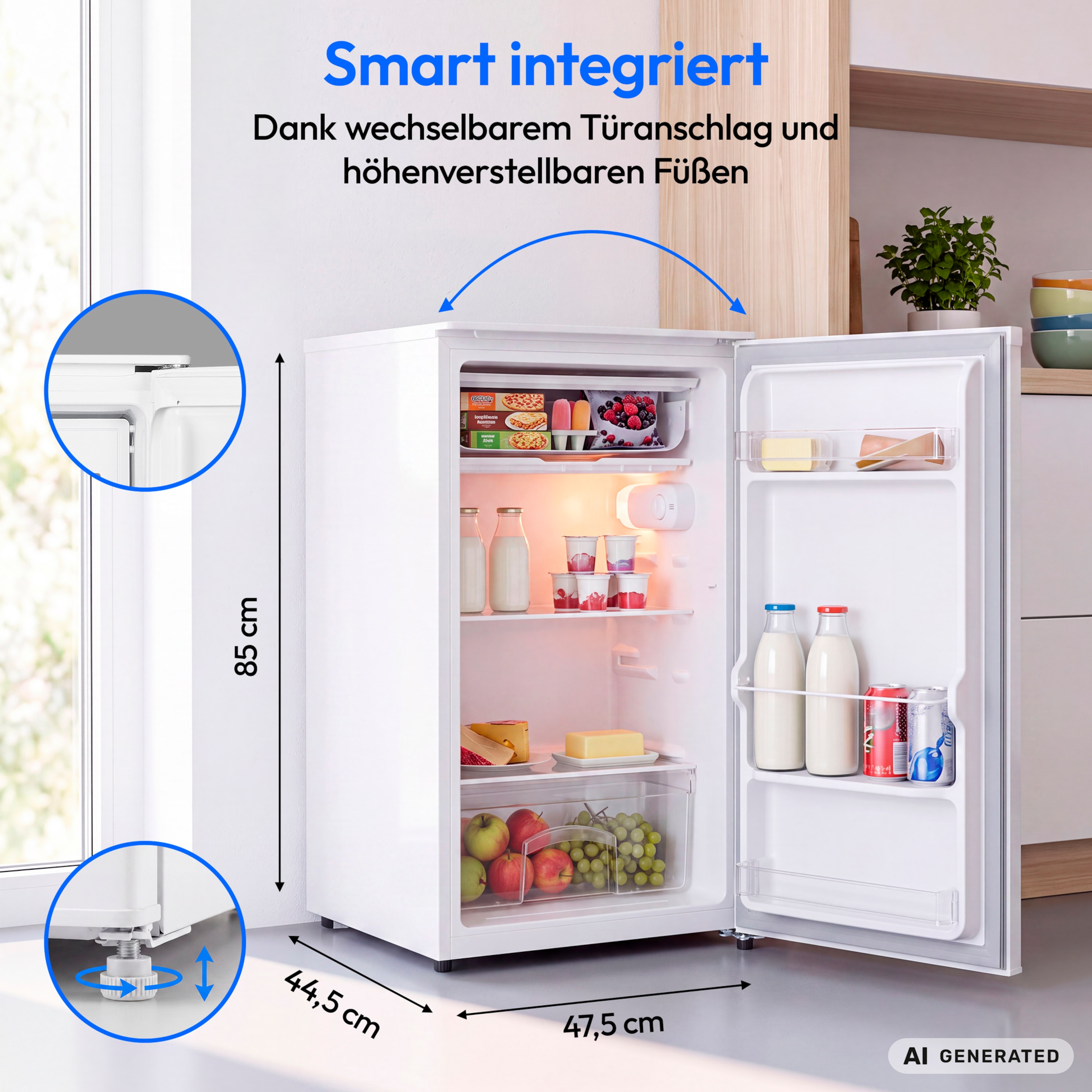 MEDION® LIFE Kühlschrank mit Eiswürfelfach MD 370033, 90 L Gesamt-Nutzinhalt (Kühlteil 80 L & Eiswürfelfach 10 L), wechselbarer Türanschlag, geringer Geräuschpegel