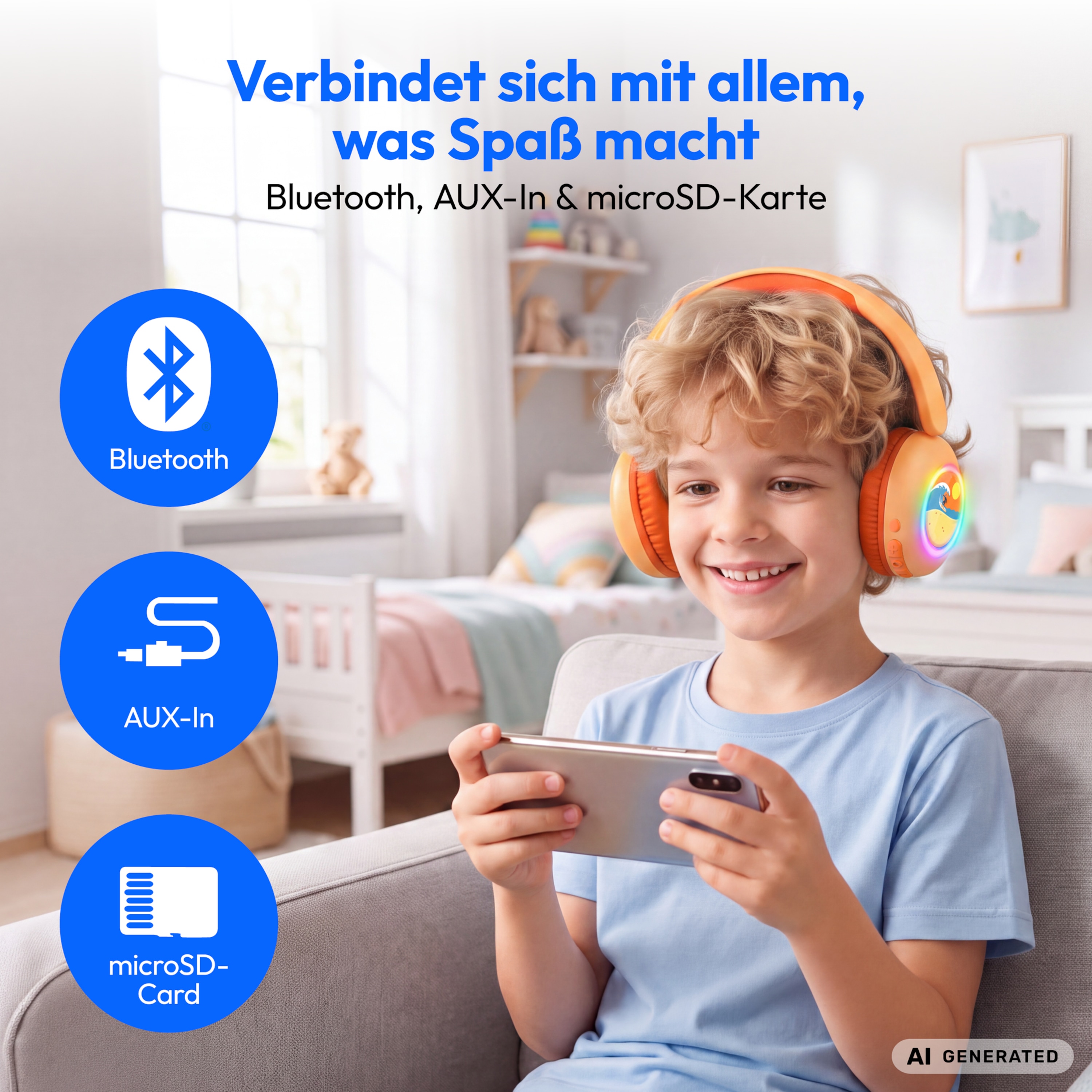 MEDION® LIFE HE-1 Kids Bluetooth Kinderkopfhörer, 3-stufiger Gehörschutz, bis zu 85 Std. Akkulaufzeit, MP3-Player, Bluetooth 5.4, AUX & microSD, LED-Lichtring, austauschbare Designs