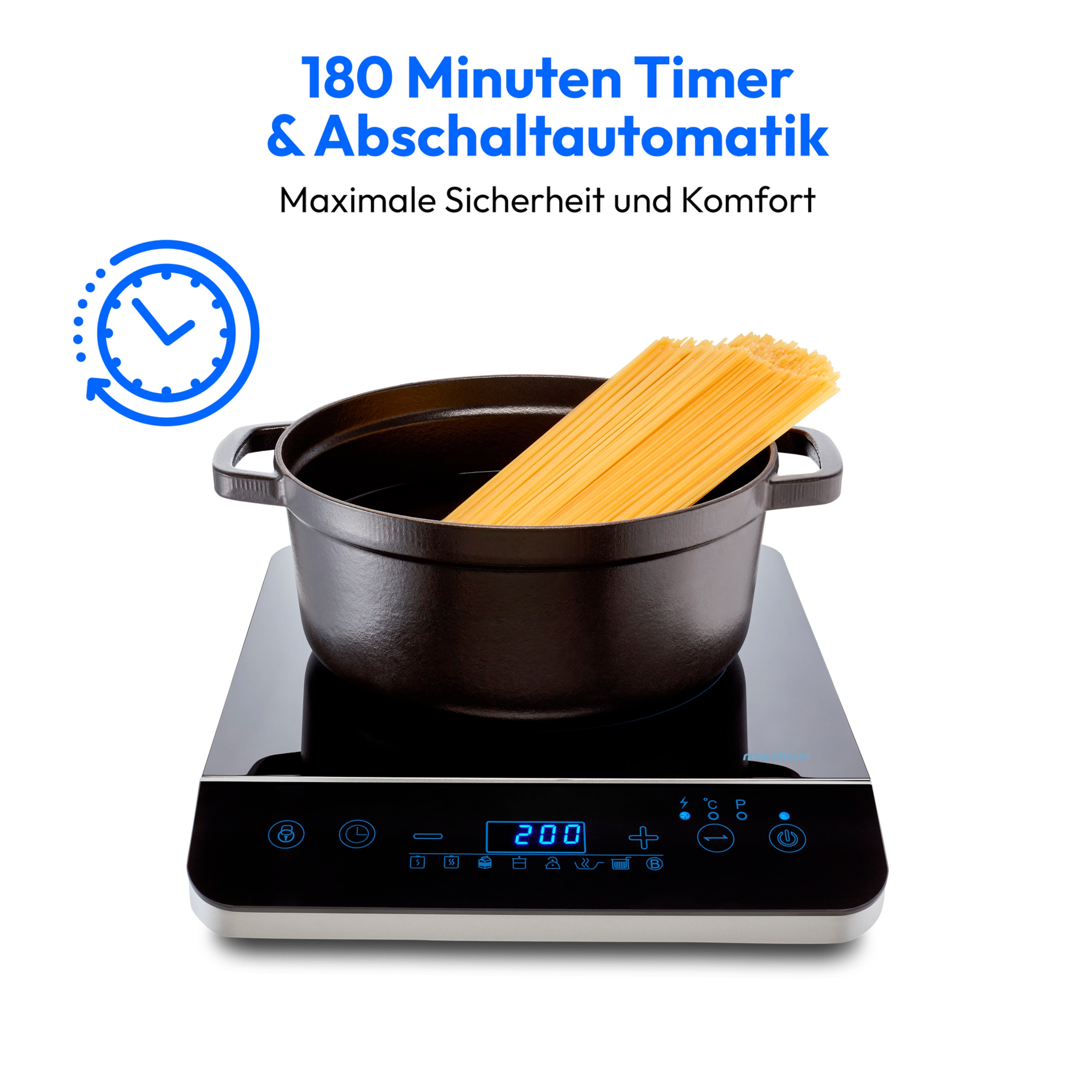 MEDION® Induktions- kochplatte   MD 17595, 2000 Watt Induktionsleistung, 8 Automatikprogramme, automatische Topferkennung