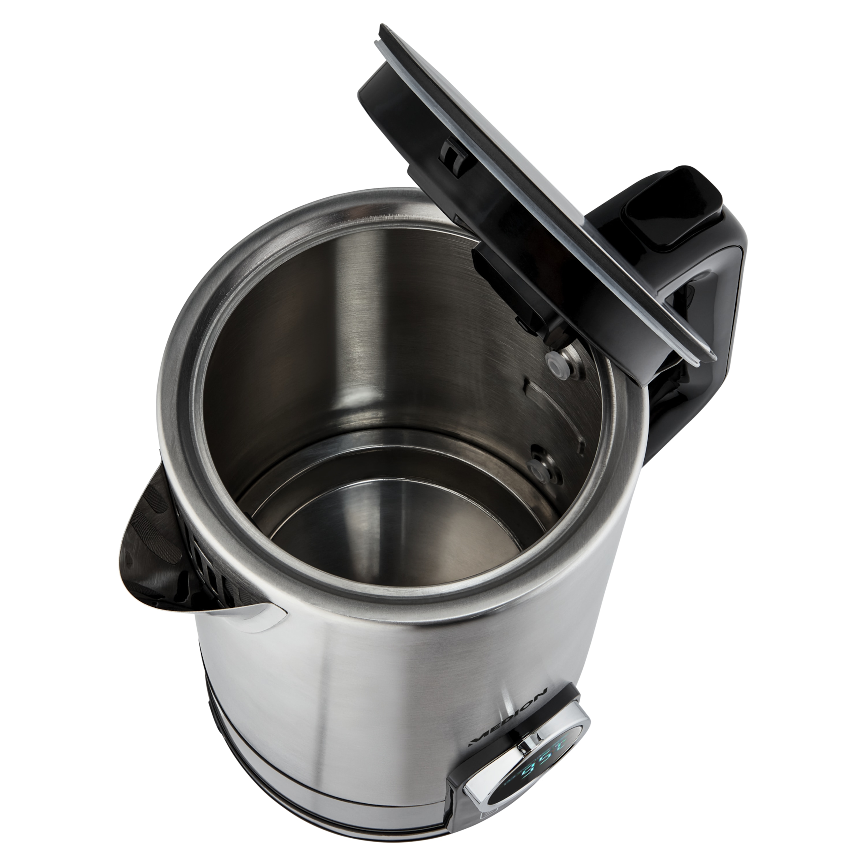 MEDION® Edelstahl Wasserkocher MD 10215 mit digitaler Temperatureinstellung, 2200 Watt Leistung, 1,7 Liter Fassungsvermögen, 360° Basisstation