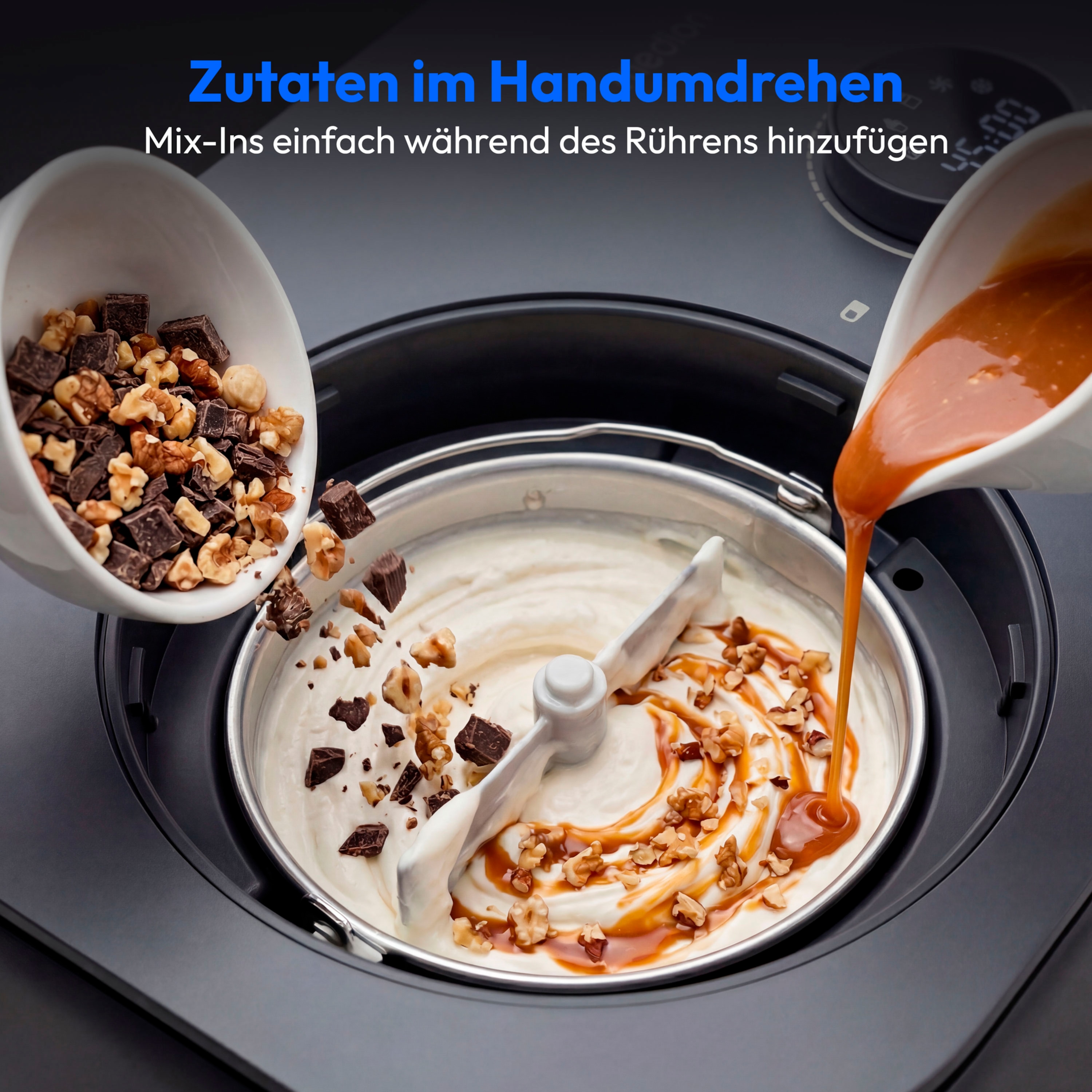 MEDION® LIFE Eismaschine MD 100116, Kapazität für 1 L Eis, kein Vorkühlen notwendig, LED-Display mit Sensor-Touch, entnehmbarer Aluminium-Eisbehälter, geeignet für die Zubereitung von Eiscreme, Joghurt & Sorbet