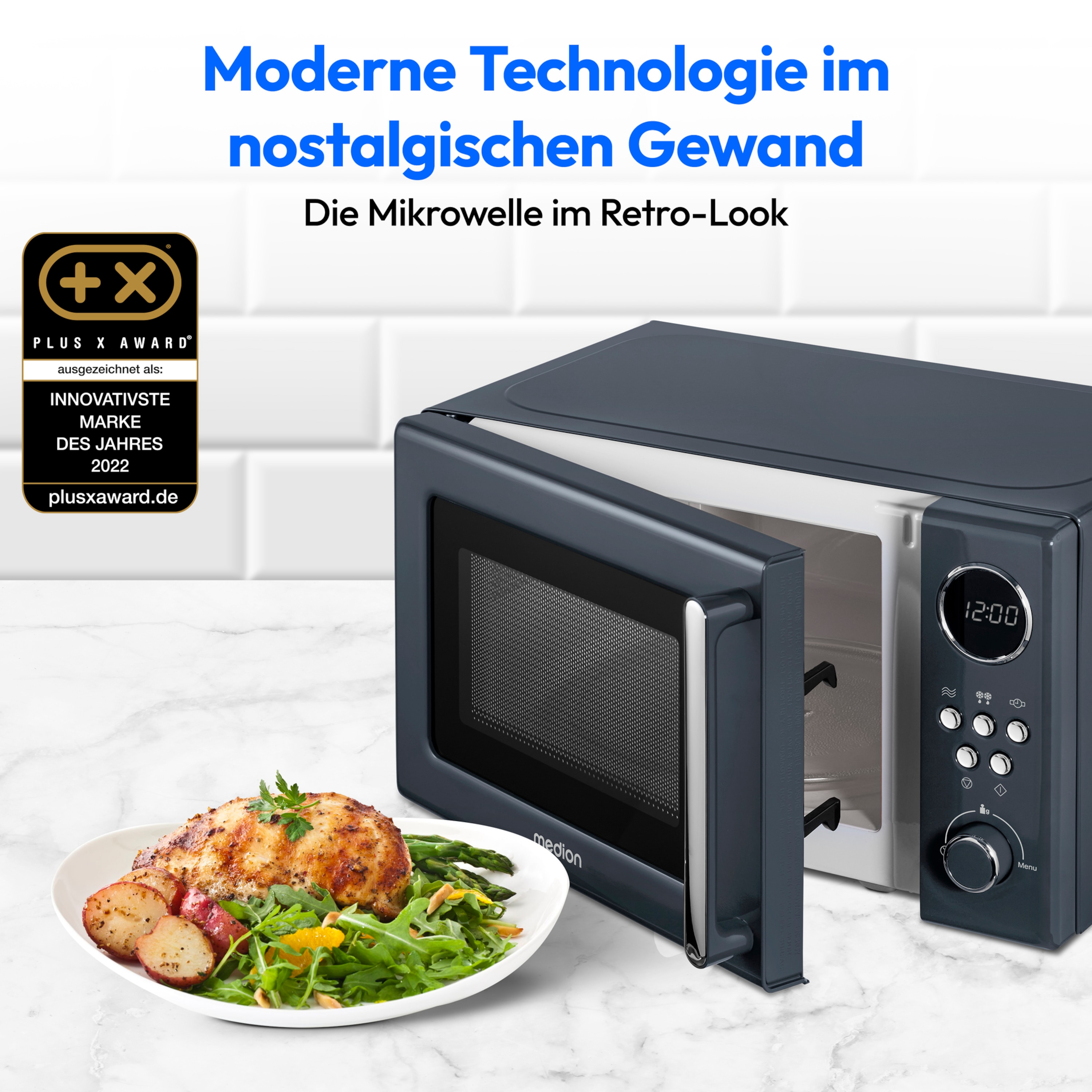MEDION® Retro-Mikrowelle MD 15000, grau, 800 W Leistung, 20 L kompakt, 5 Mikrowellenstufen, Auftaufunktion, Timerfunktion, stilvolles Retro-Design