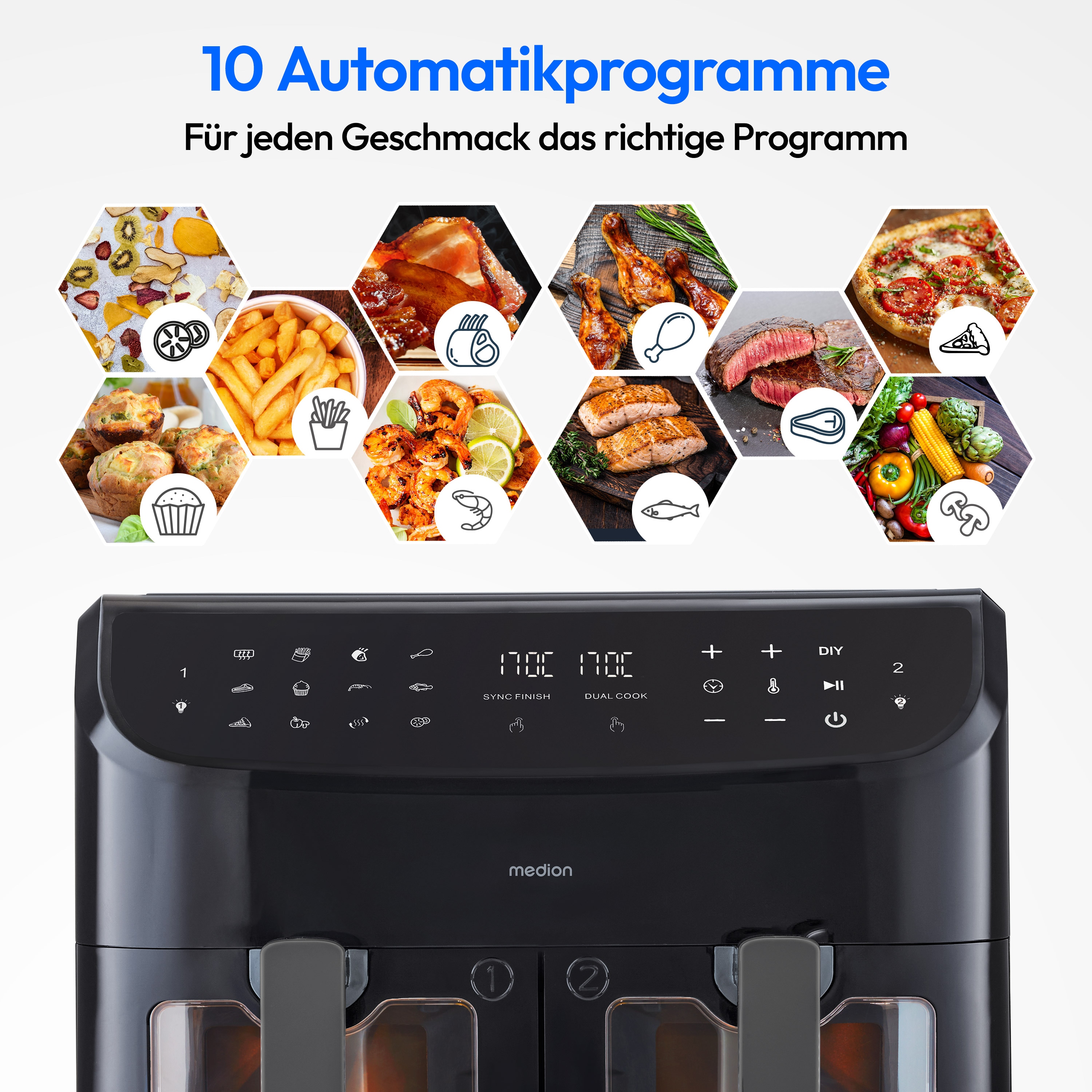 MEDION® LIFE® P20 XXL Twin Doppelzonen-Heißluftfritteuse MD 11760, 100 Rezepte in der Life+ App, 2 separate Garzonen, 10 Automatikprogramme, 8,7 L Gesamt-Nutzinhalt, 2.600 Watt, Temperatur einstellbar bis 200 °C