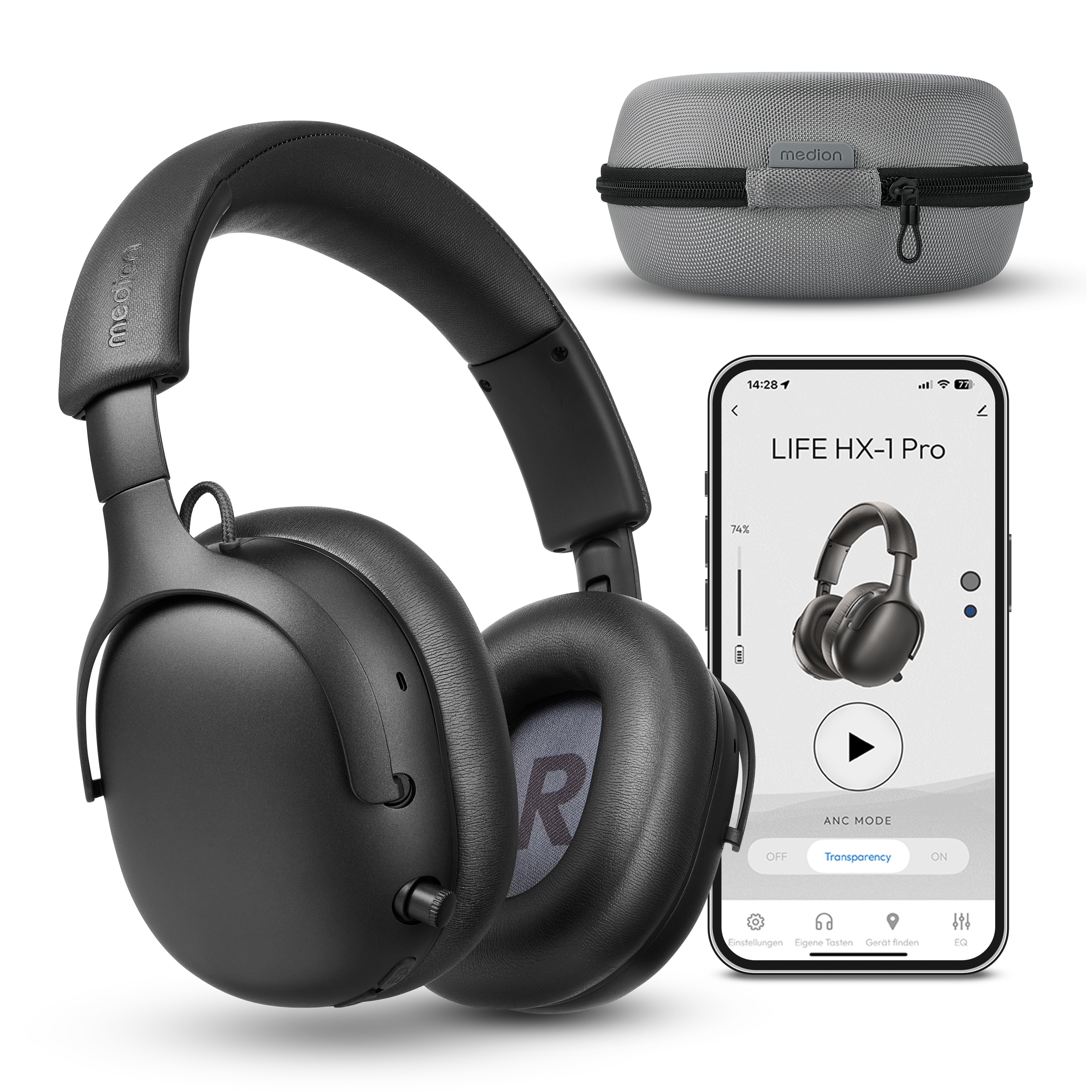 MEDION® Over Ear-Kopfhörer LIFE HX-1 Pro anthrazit, bis zu 190 Stunden Akkulaufzeit, Hybrid Active Noise Cancelling, 7 EQ-Presets + 1 App-Preset, Bluetooth® 6.0 wireless technology, IPX4 Spritzwasserschutz