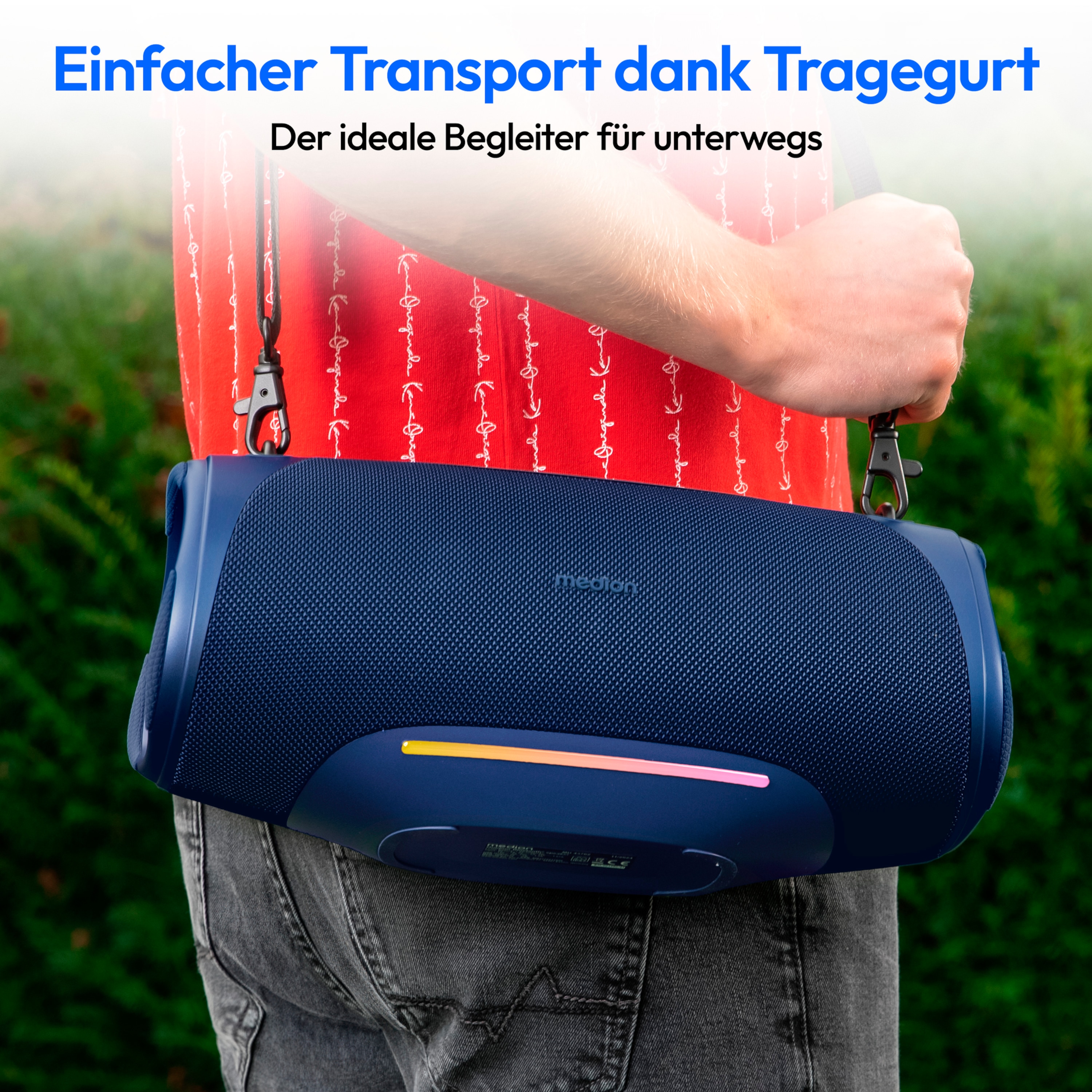 MEDION® LIFE® P61762 Tragbarer Bluetooth® Lautsprecher L, Dual Illuminated & Lightstrip (RGB-Lichteffekte), Bluetooth® 5.3, integrierter Akku mit bis zu 47 Stunden Laufzeit, robustes & mobiles Design, 2 x 25 W RMS