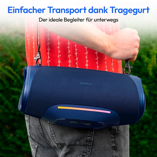 MEDION® LIFE P61762 Tragbarer Bluetooth® Lautsprecher L blau, Dual Illuminated & Lightstrip (RGB-Lichteffekte), Bluetooth® 5.3, integrierter Akku mit bis zu 47 Stunden Laufzeit, robustes & mobiles Design, 2 x 25 W RMS