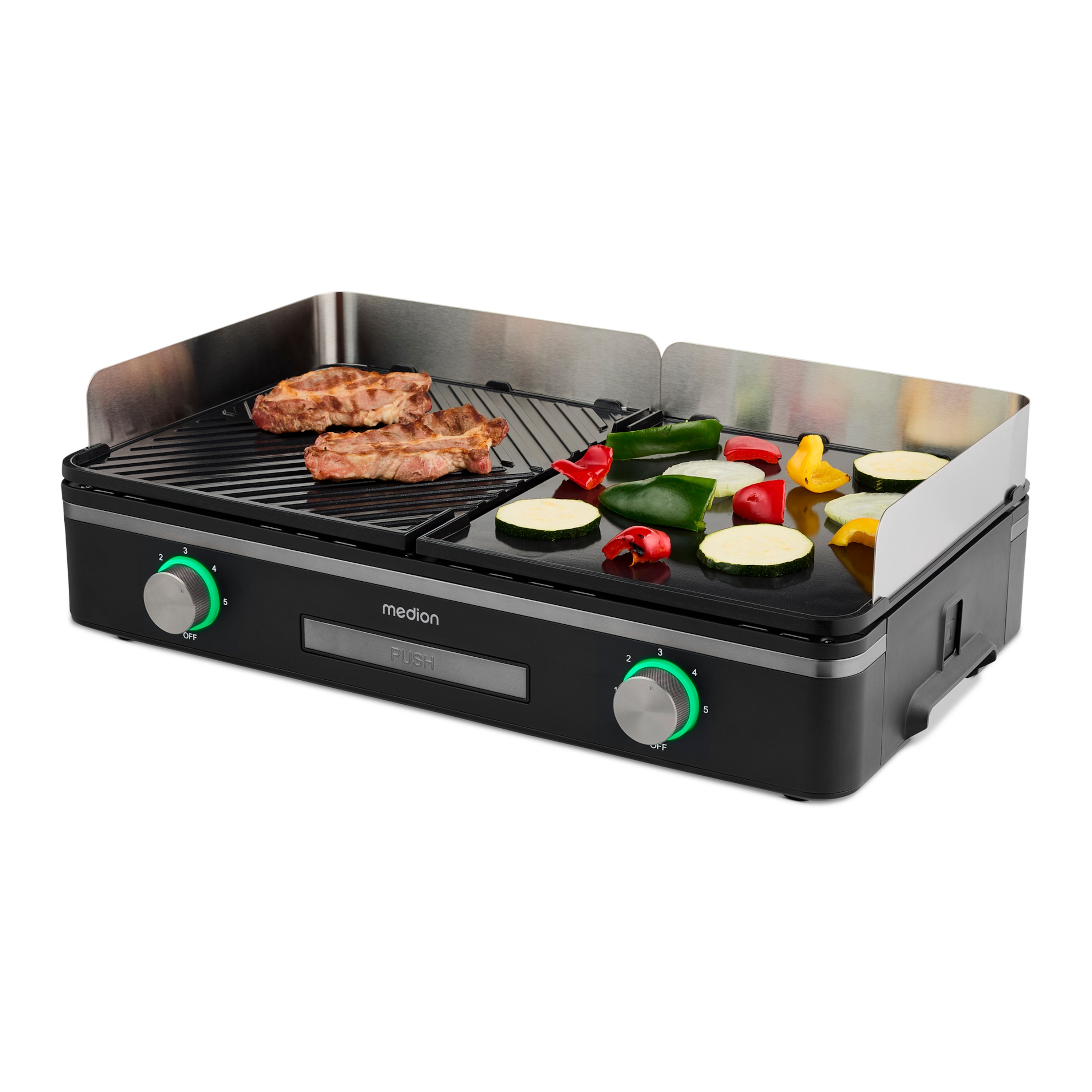 MEDION® LIFE Tischgrill mit Dual-Zonen-System (MD12027), 2,400 Watt, 2 abnehmbare Platten, PFAS Frei, LED-Statusanzeige (weiß, rot, grün), IPX4-Schutz
