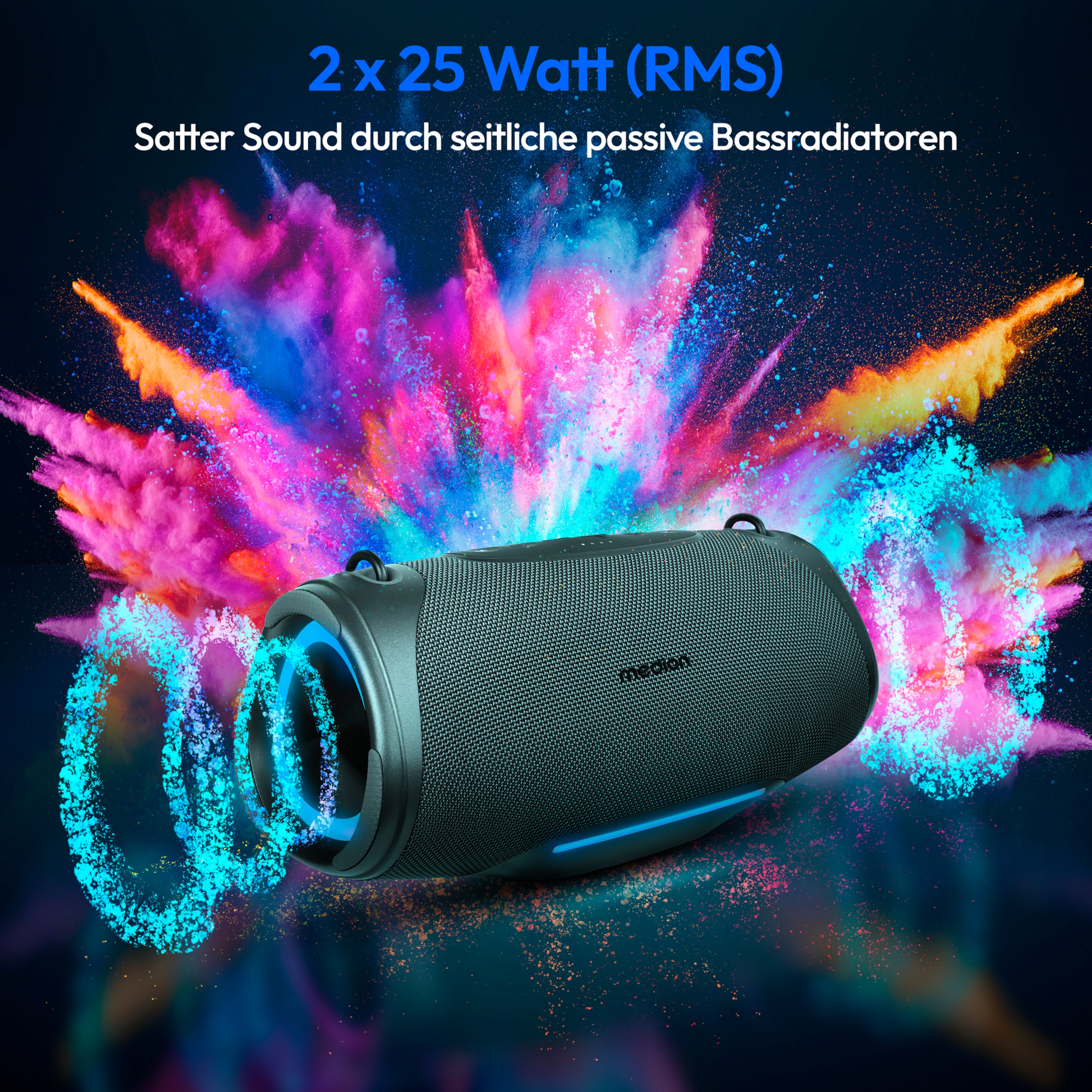 MEDION® LIFE® P61762 Tragbarer Bluetooth® Lautsprecher L, Dual Illuminated & Lightstrip (RGB-Lichteffekte), Bluetooth® 5.3, integrierter Akku mit bis zu 47 Stunden Laufzeit, robustes & mobiles Design, 2 x 25 W RMS