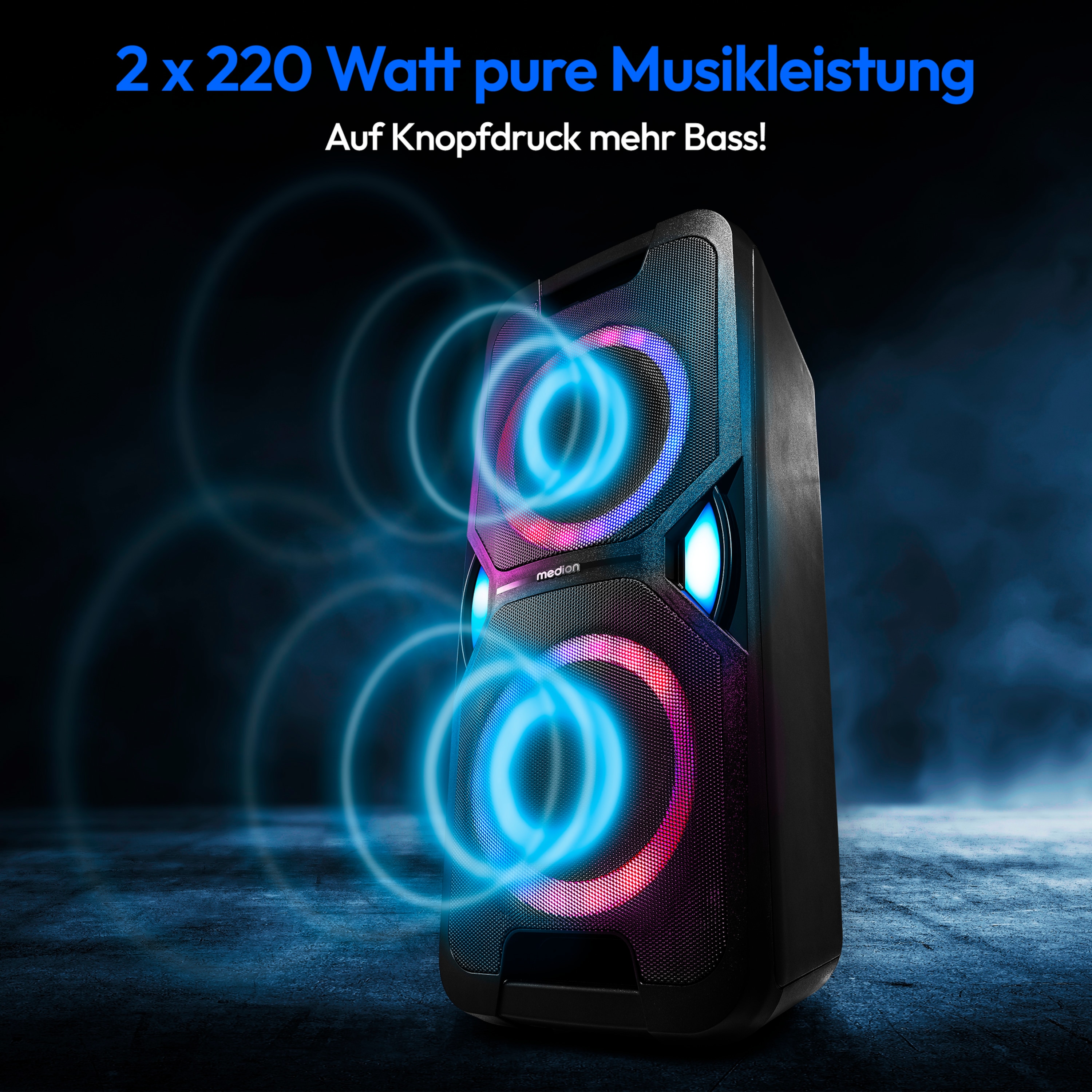 MEDION® LIFE® P61468 Partylautsprecher, PLL-UKW Radio, Bluetooth® 5.0, satter Sound, verschiedene Lichteffekte, X-Bass Bassanhebung, inkl. Mikrofon, 2 x 22 W RMS Ausgangsleistung
