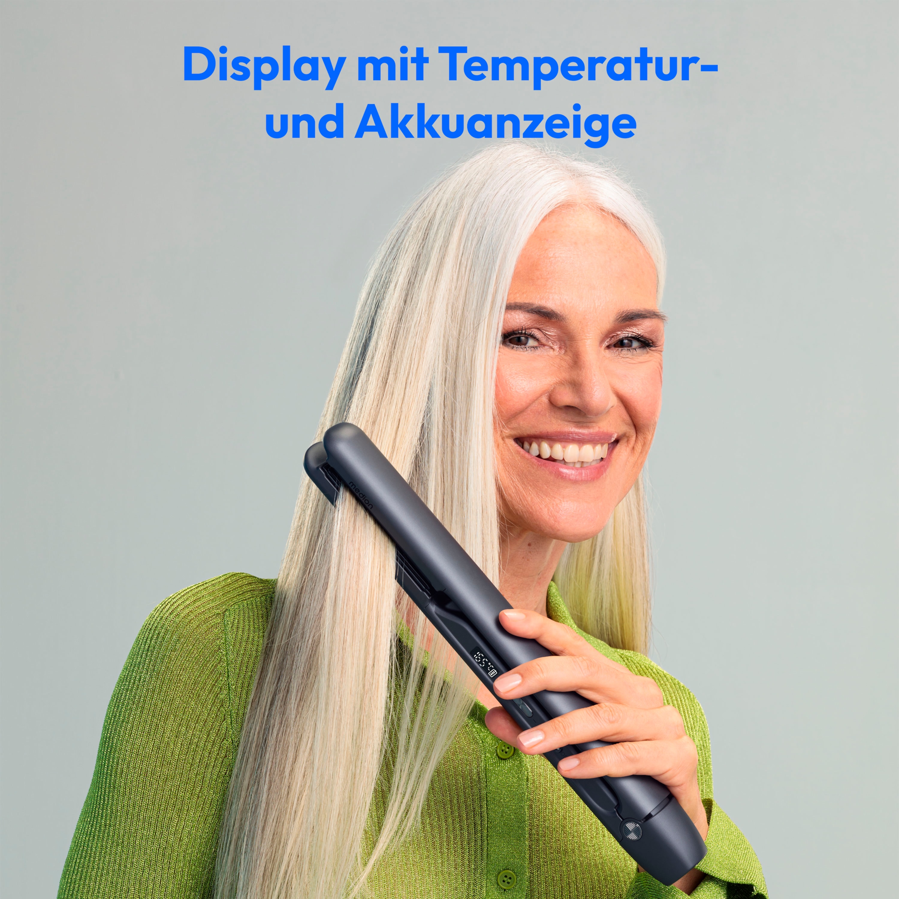 MEDION® LIFE HS2 kabelloses Glätteisen, flexible Keramik-/Turmalin Heizplatten mit Temperatursensor, Display mit Temperatur- und Akkuanzeige, 5 regelbare Hitzestufen (165° - 210°)