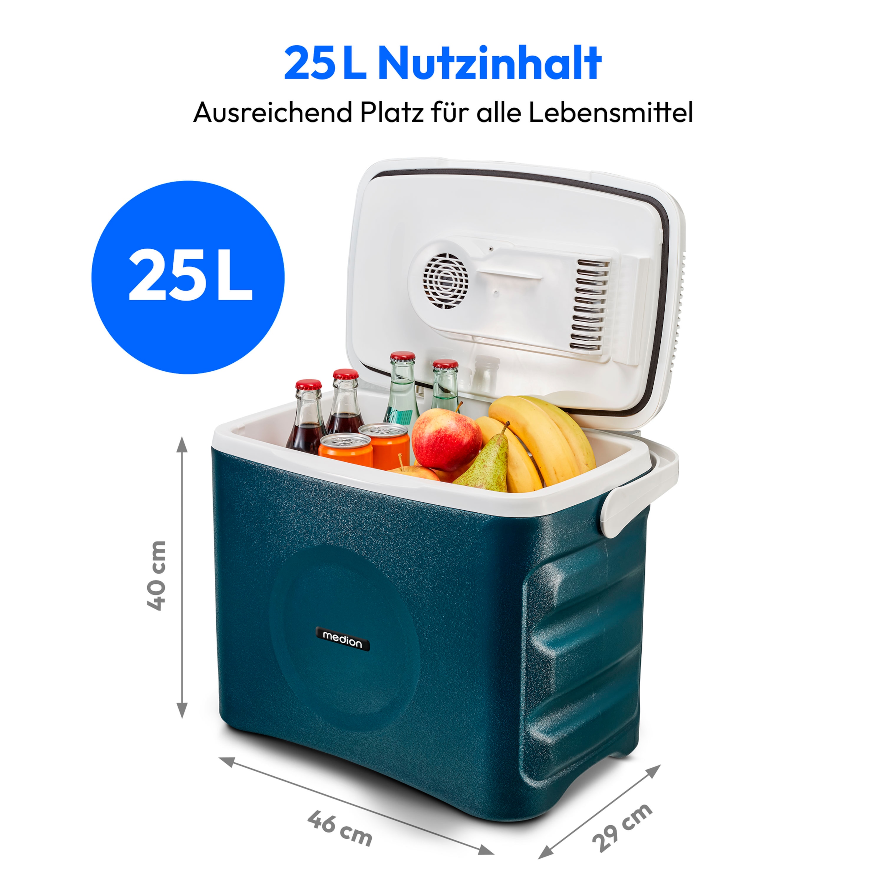 MEDION® LIFE® Thermoelektrische Kühlbox MD 10735, Kühl- und Warmhaltefunktion, 25 L Kapazität, 12V-, 230V- und USB-Anschlüsse zur Stromversorgung