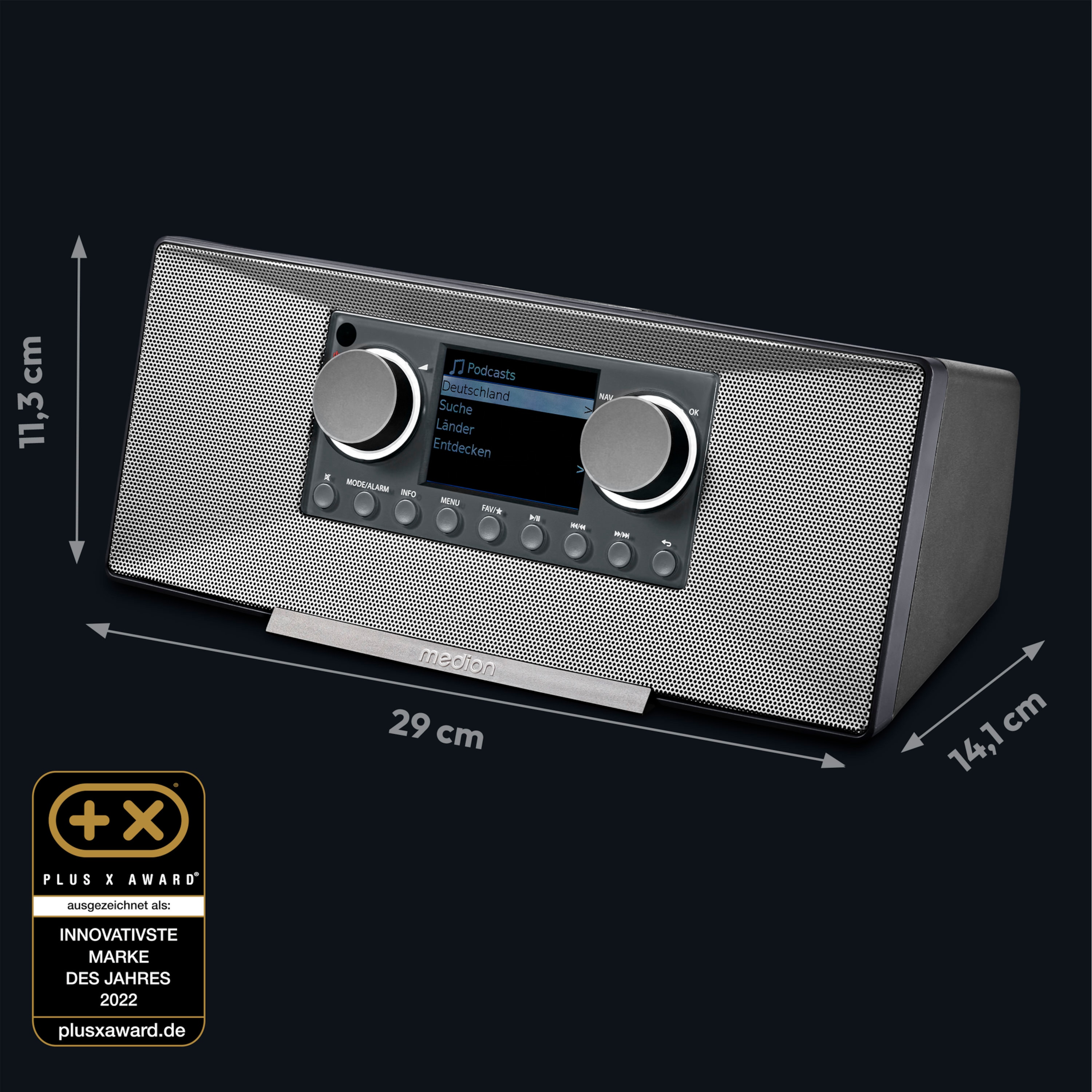 MEDION® LIFE® P85333 Stereo Internetradio, 7,1 cm (2,8'') TFT-Farbdisplay, über 25.000 Internet-Radiosender & viele Podcasts empfangen, DAB+/UKW Radio, Wecker, WLAN, Bluetooth®, Amazon Music, Spotify®-Connect, 2 x 6 W RMS