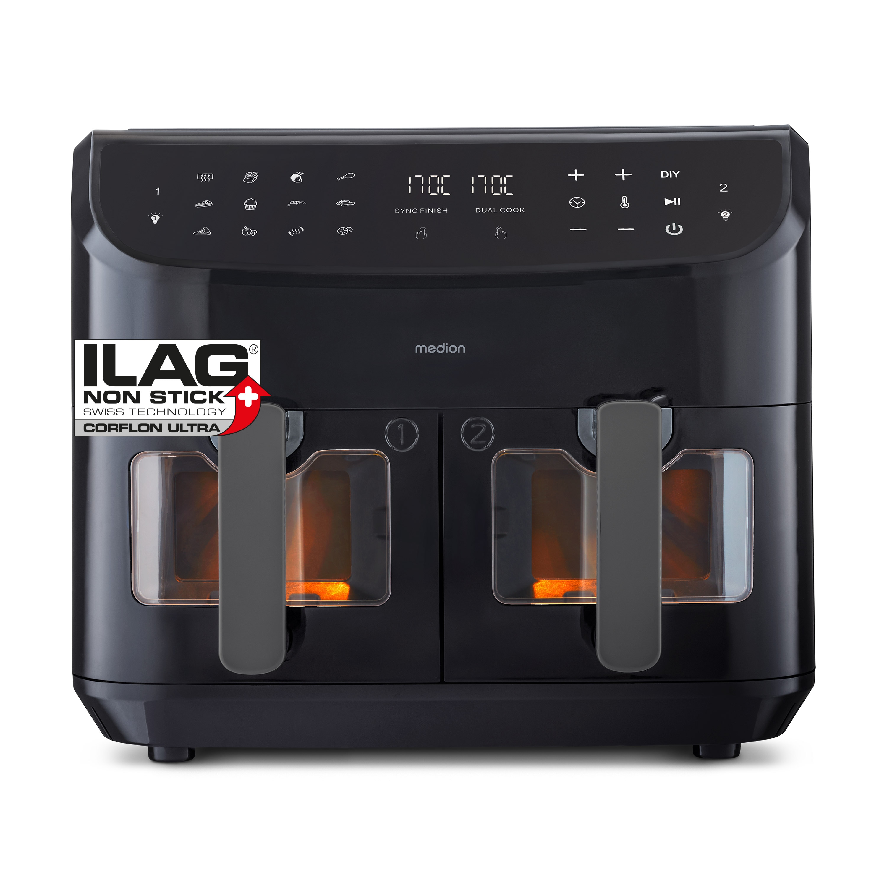 MEDION® LIFE® P20 XXL Twin Doppelzonen-Heißluftfritteuse MD 11760, 100 Rezepte in der Life+ App, 2 separate Garzonen, 10 Automatikprogramme, 8,7 L Gesamt-Nutzinhalt, 2.600 Watt, Temperatur einstellbar bis 200 °C