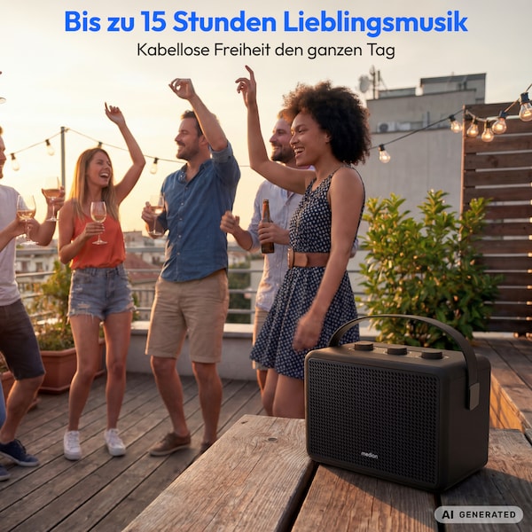 MEDION® LIFE BXO-1 Bluetooth® Lautsprecher schwarz, 2 x 15W RMS, integrierter Akku mit bis zu 15 Stunden Laufzeit, Bluetooth® 5.3, robustes & mobiles Design