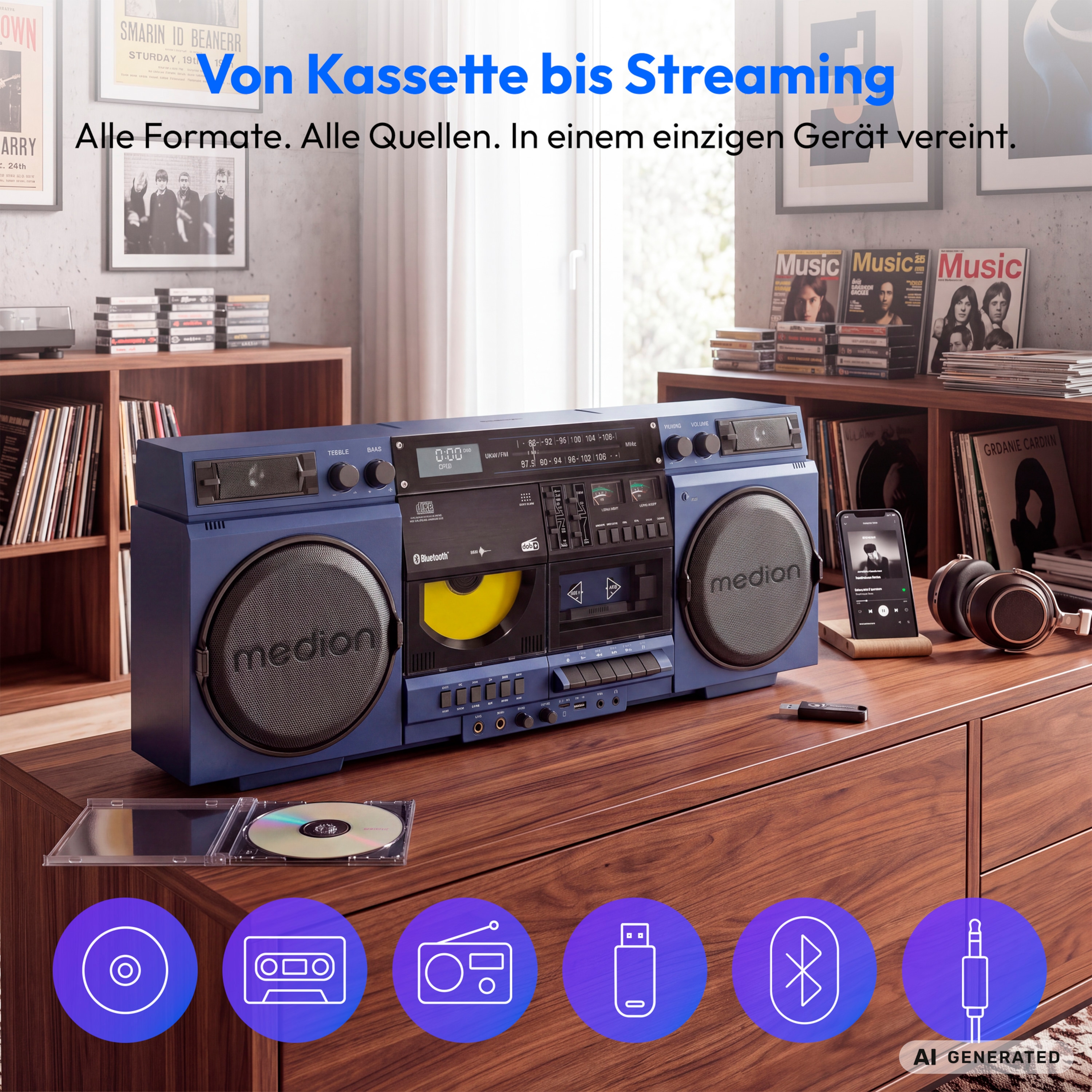 MEDION® LIFE P66538 Retro-Boombox blau, DAB+/PLL-UKW Radio, Bluetooth® 5.3 für das Abspielen von Smartphone & Co, CD-Player, Kassettendeck, X-Bass Funktion, 2 x 10 W RMS