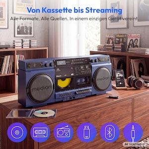 MEDION® LIFE P66538 Retro-Boombox blau, DAB+/PLL-UKW Radio, Bluetooth® 5.3 für das Abspielen von Smartphone & Co, CD-Player, Kassettendeck, X-Bass Funktion, 2 x 10 W RMS