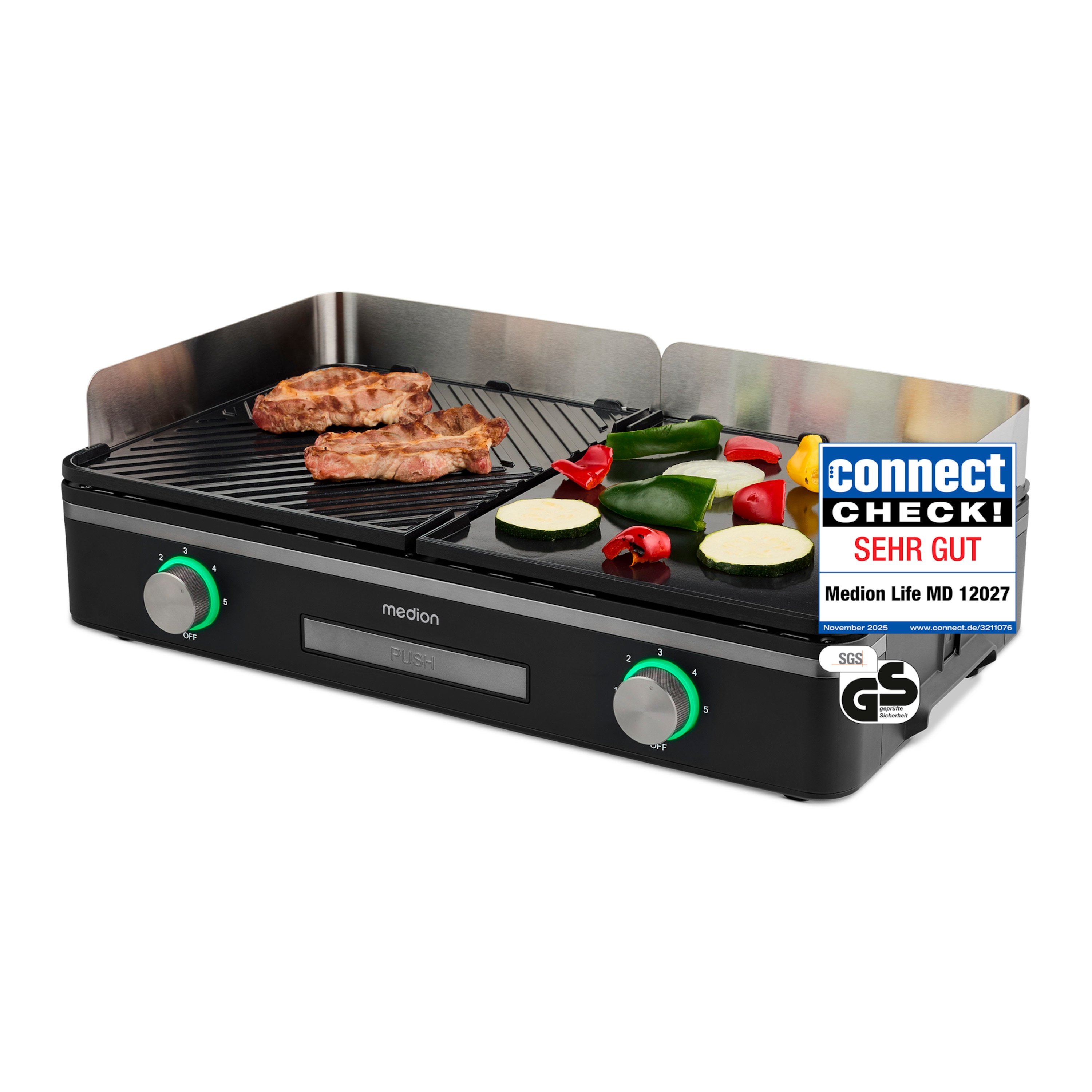 MEDION Tischgrill mit Dual-Zonen-System (MD12027), 2,400 Watt, 2 abnehmbare Platten, PFAS Frei, LED-Statusanzeige (weiß, rot, grün), IPX4-Schutz