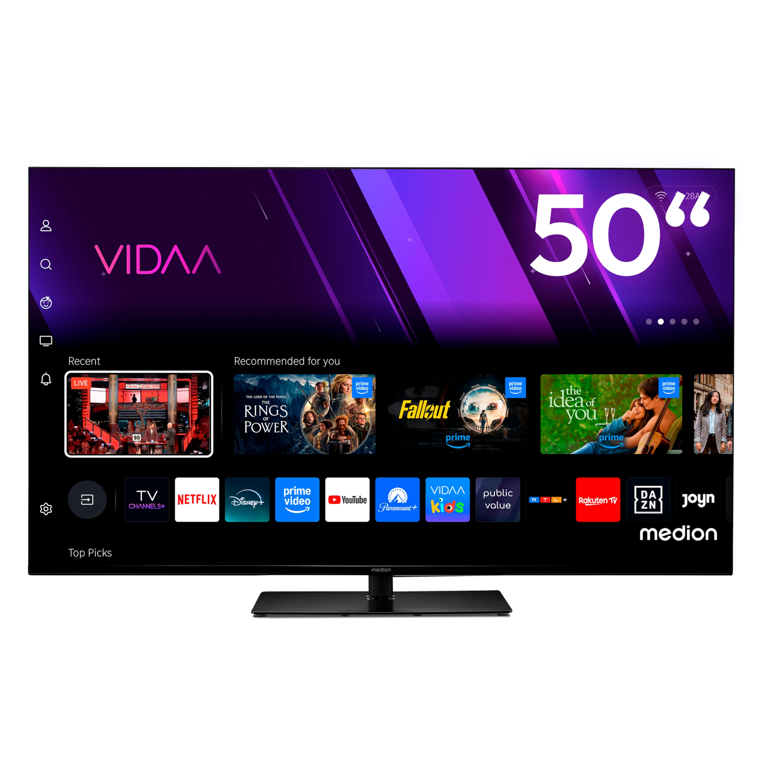 MEDION® LIFE MD 850300 LCD Smart-TV, 125,7 cm (50'') Ultra HD Display, HDR, Dolby Vision®, MEMC, PVR ready, VIDAA App Store, NETFLIX, Disney+, Paramount+ & Amazon Prime Video App, Bluetooth®, DTS X, Dolby Atmos®, HD Triple Tuner