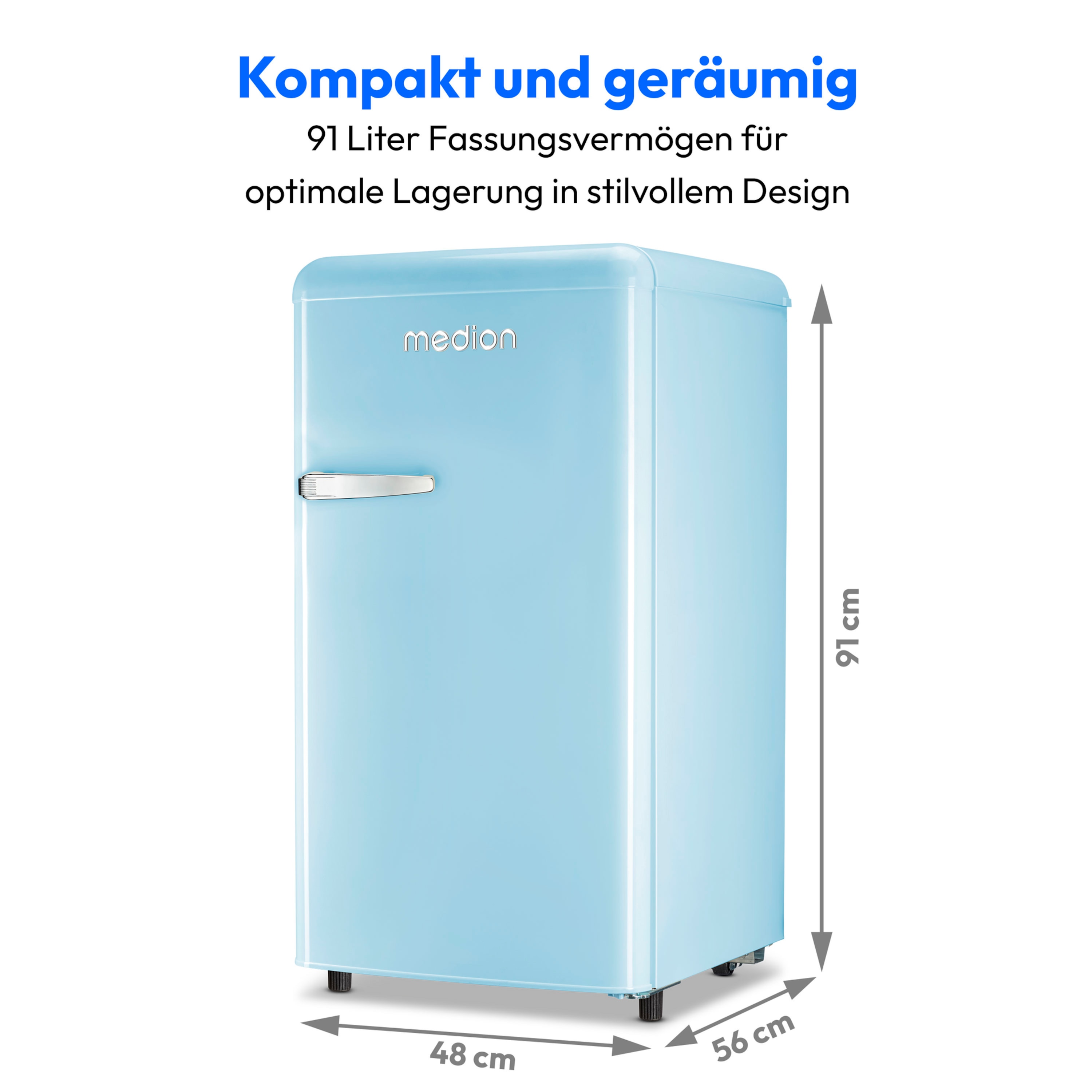 MEDION® LIFE® Retro-Kühlschrank MD 37800, 91 Liter Kühlraum, 38 dB, höhenverstellbare Füße, Energieverbrauch: 85 kWH/Jahr