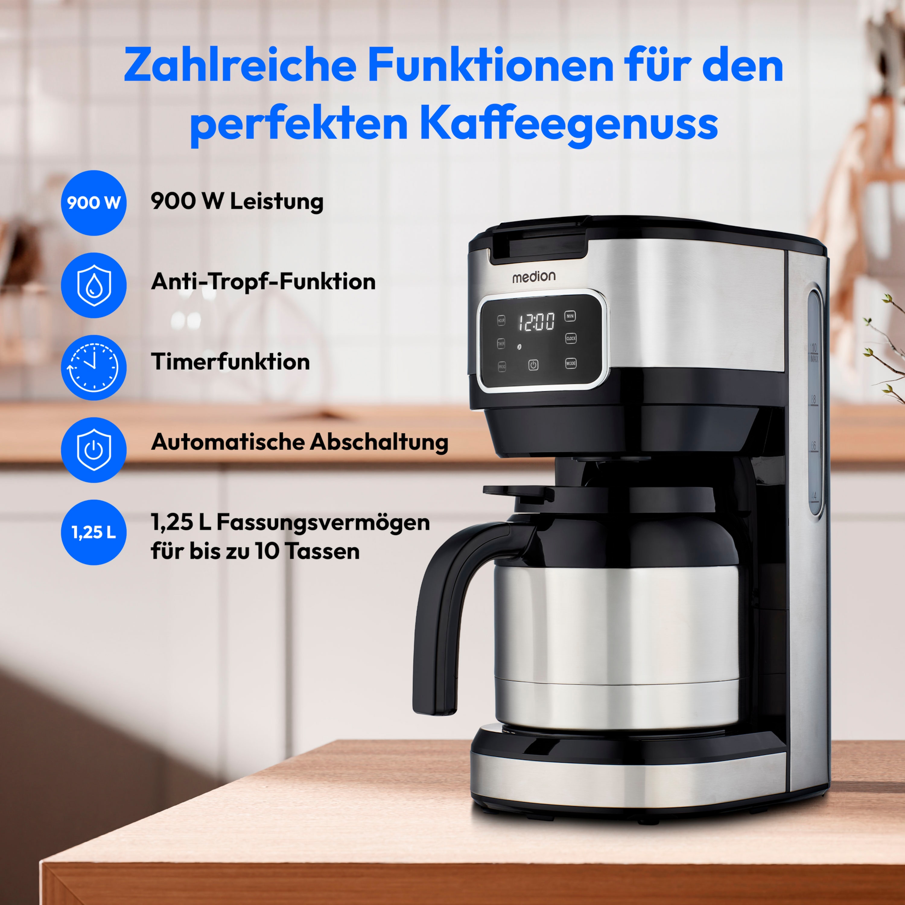 MEDION® LIFE Kaffeemaschine mit Thermoskanne MD11019, 900 Watt Leistung, bis zu 10 Tassen, Timer-Funktion, Touch-Sensir-Bedienfeld
