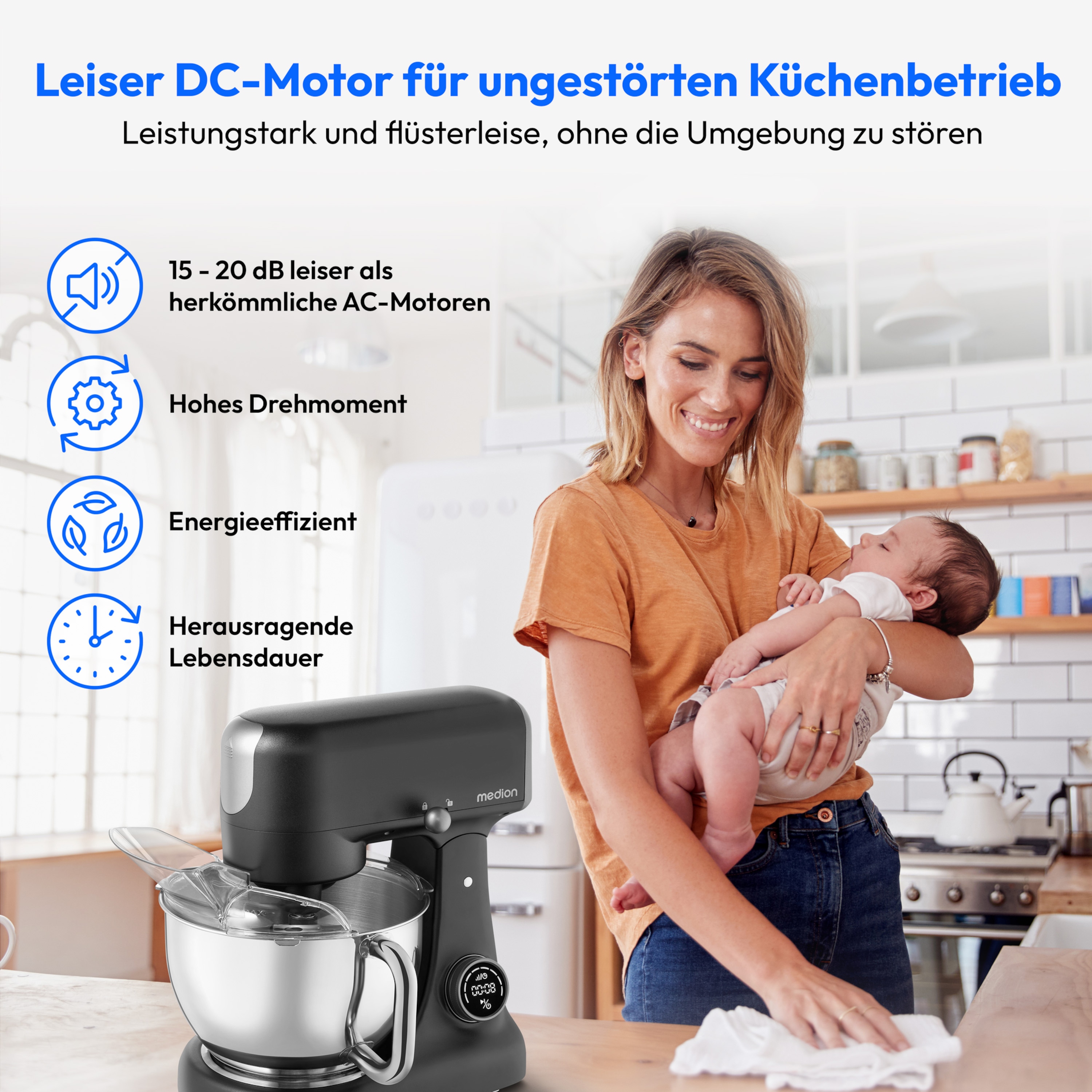 MEDION® LIFE Digitale Küchenmaschine MD12600, 800 W Gleichstrommotor, Energiesparend, Ultraleise, Digitales Sensor-Touch-Display, 4,6 L Edelstahlschüssel, Inkl. Fleischwolf