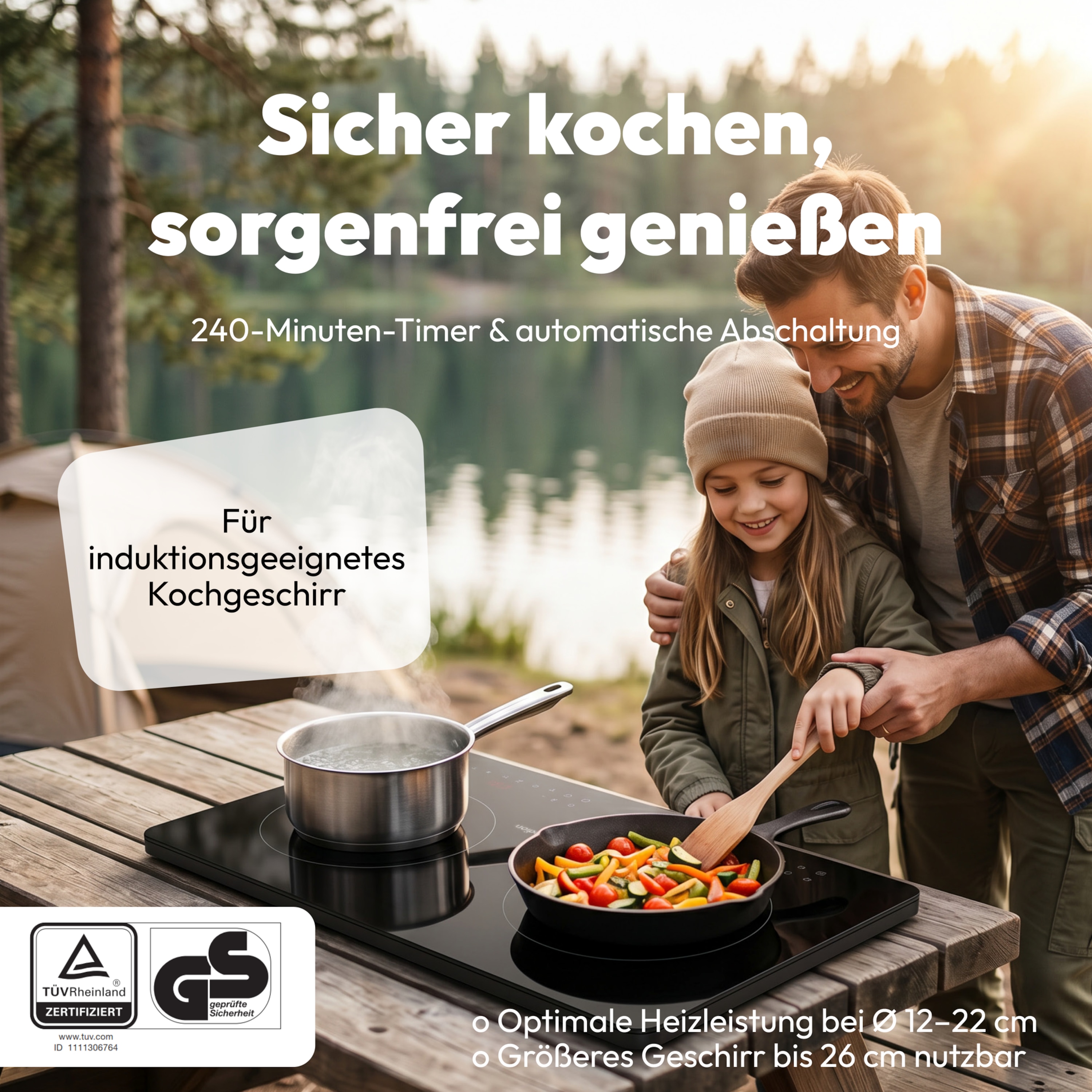 MEDION® Life IC20D Induktionskochplatte (MD 100091), extra flach, 3500 Watt Induktionsleistung, 2 Kochplatten mit je 8 Automatikprogrammen und DIY, LED Display mit Touchbedienung, Nahtlose Kristallglas-Oberfläche