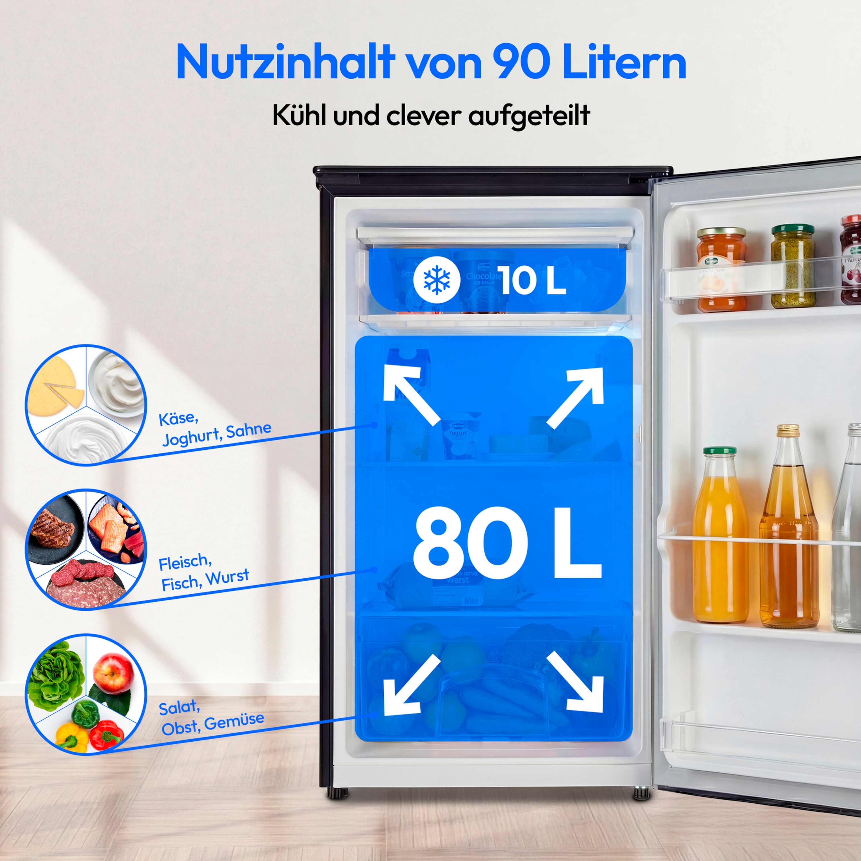 MEDION® LIFE Kühlschrank mit Eiswürfelfach MD 37690, 90 L Gesamt-Nutzinhalt (Kühlteil 80 L & Eiswürfelfach 10 L), wechselbarer Türanschlag, geringer Geräuschpegel