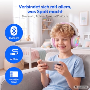 MEDION® LIFE HE-1 Kids Bluetooth Kinderkopfhörer, 3-stufiger Gehörschutz, bis zu 85 Std. Akkulaufzeit, MP3-Player, Bluetooth 5.4, AUX & microSD, LED-Lichtring, austauschbare Designs
