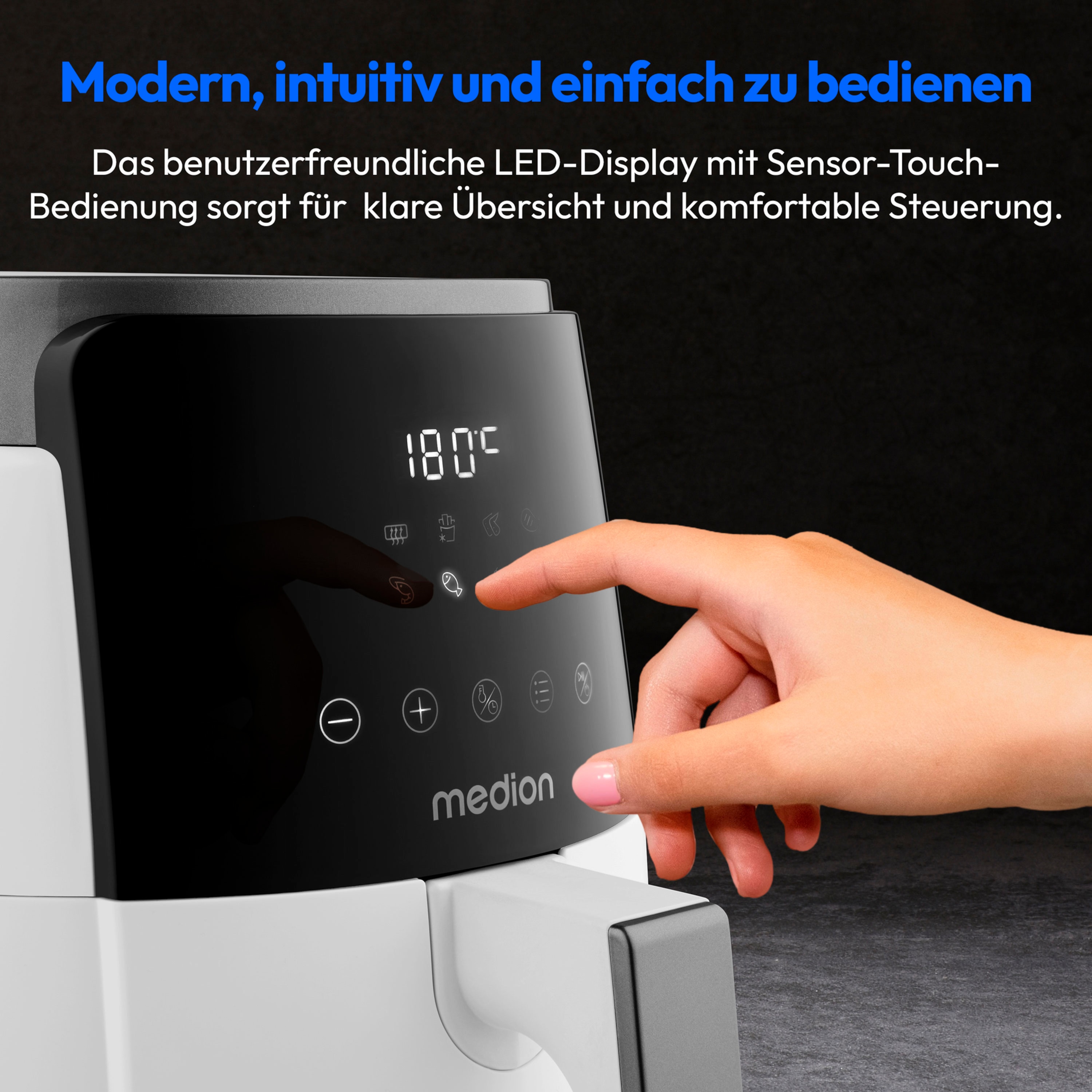 MEDION® LIFE HeißluftFritteuse P40 L (MD13030), 100 Rezepte in der Life+ App¹, Touch-Sensor- Bedienfeld, 4,7 Liter Fassungsvermögen, 8 Automatikprogramme,1.500 Watt, 60 min. Timer, 100
