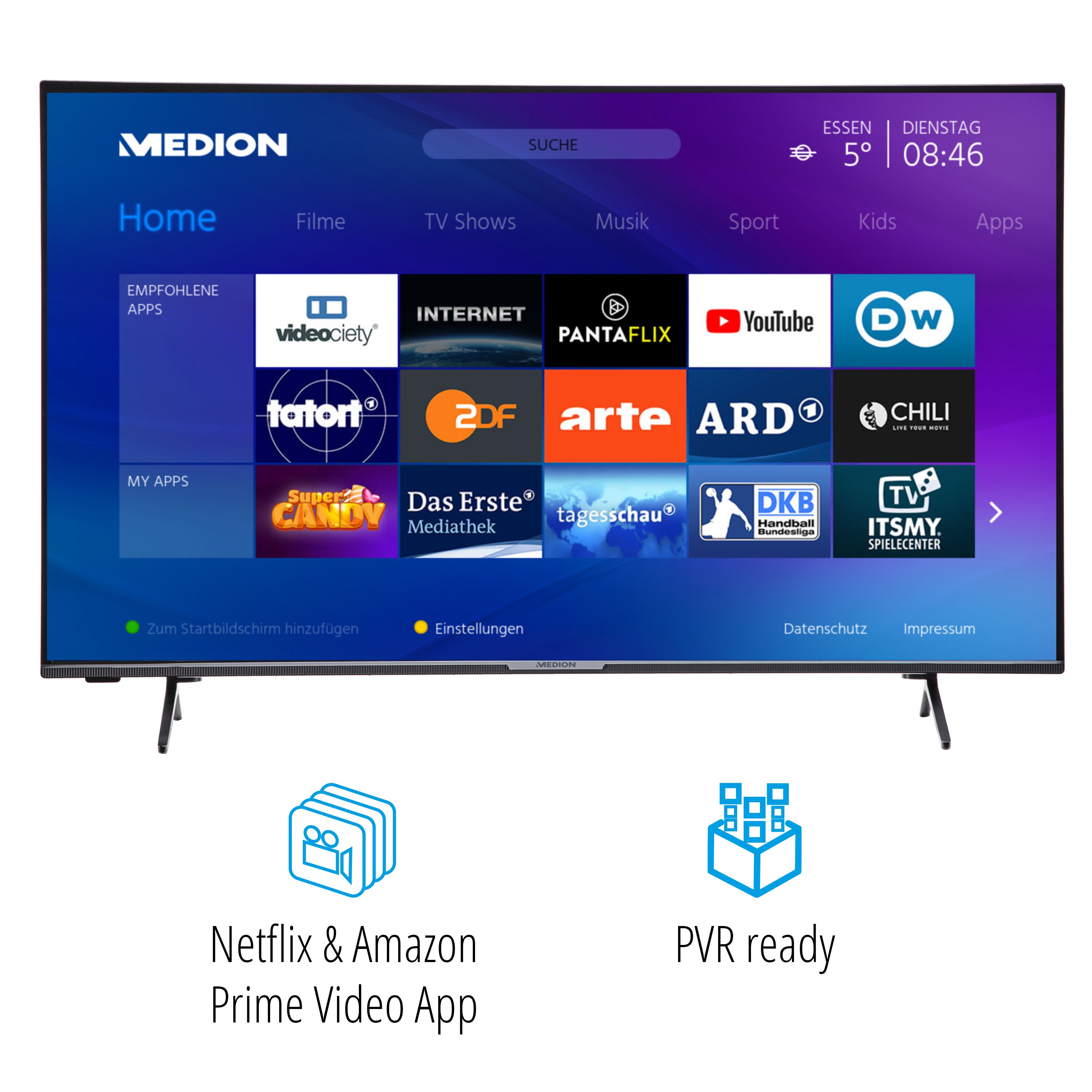 Full HD Fernseher 43 Zoll Smart-TV, HDR, Netflix, Prime Video, WLAN, PVR, Bluetooth, HD Triple Tuner, CI+ MEDION P14312 108 cm