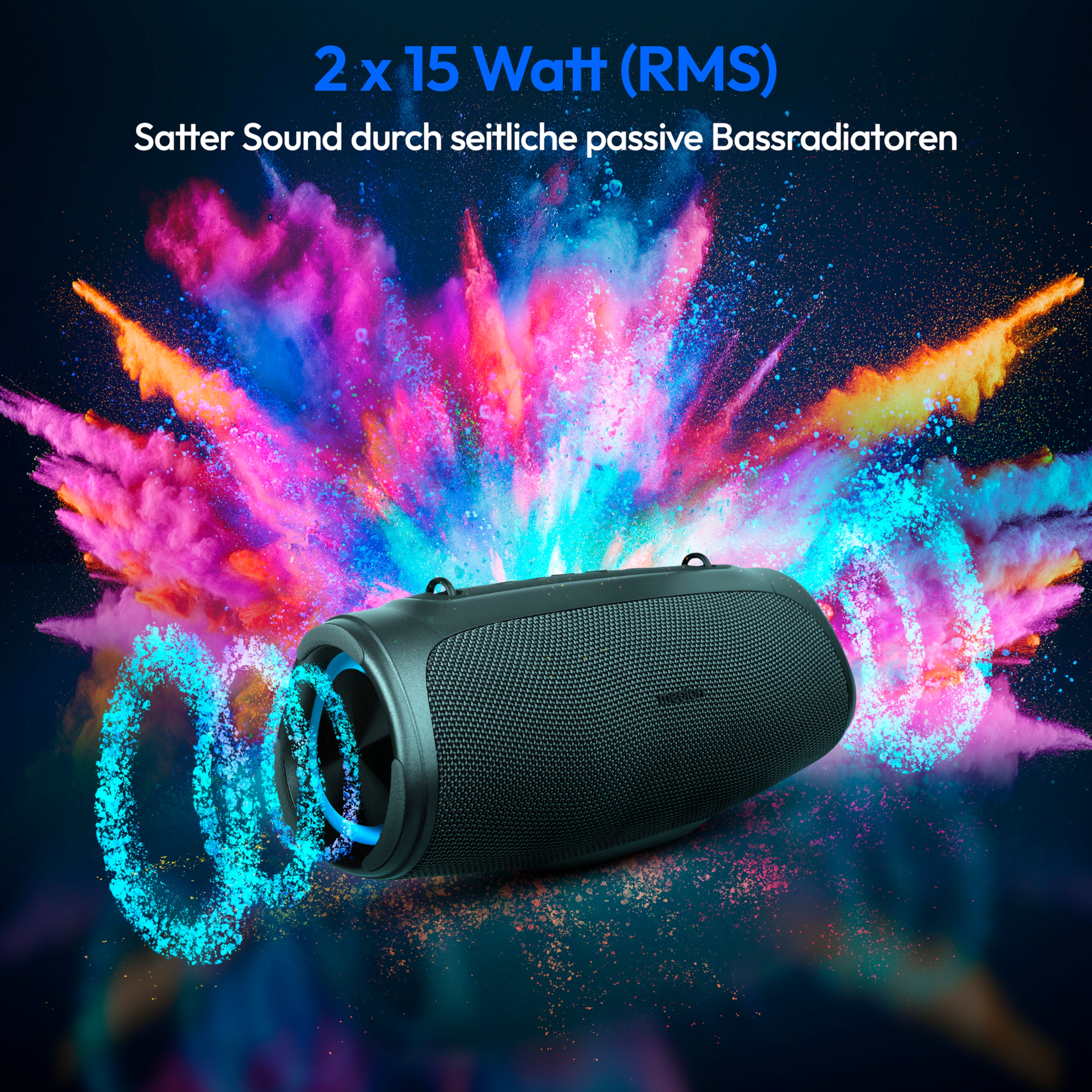 MEDION® LIFE® P61746 Tragbarer Bluetooth® Lautsprecher M, Dual Illuminated (RGB-Lichteffekte), Bluetooth® 5.3, integrierter Akku mit bis zu 42 Stunden Laufzeit, robustes & mobiles Design, 2 x 15 W RMS
