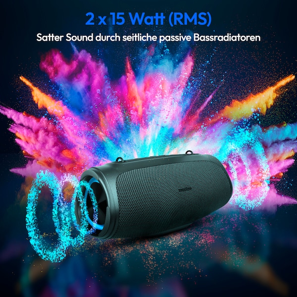 MEDION® LIFE P61746 Tragbarer Bluetooth® Lautsprecher M anthrazit, Dual Illuminated (RGB-Lichteffekte), Bluetooth® 5.3, integrierter Akku mit bis zu 45 Stunden Laufzeit, robustes & mobiles Design, 2 x 15 W RMS