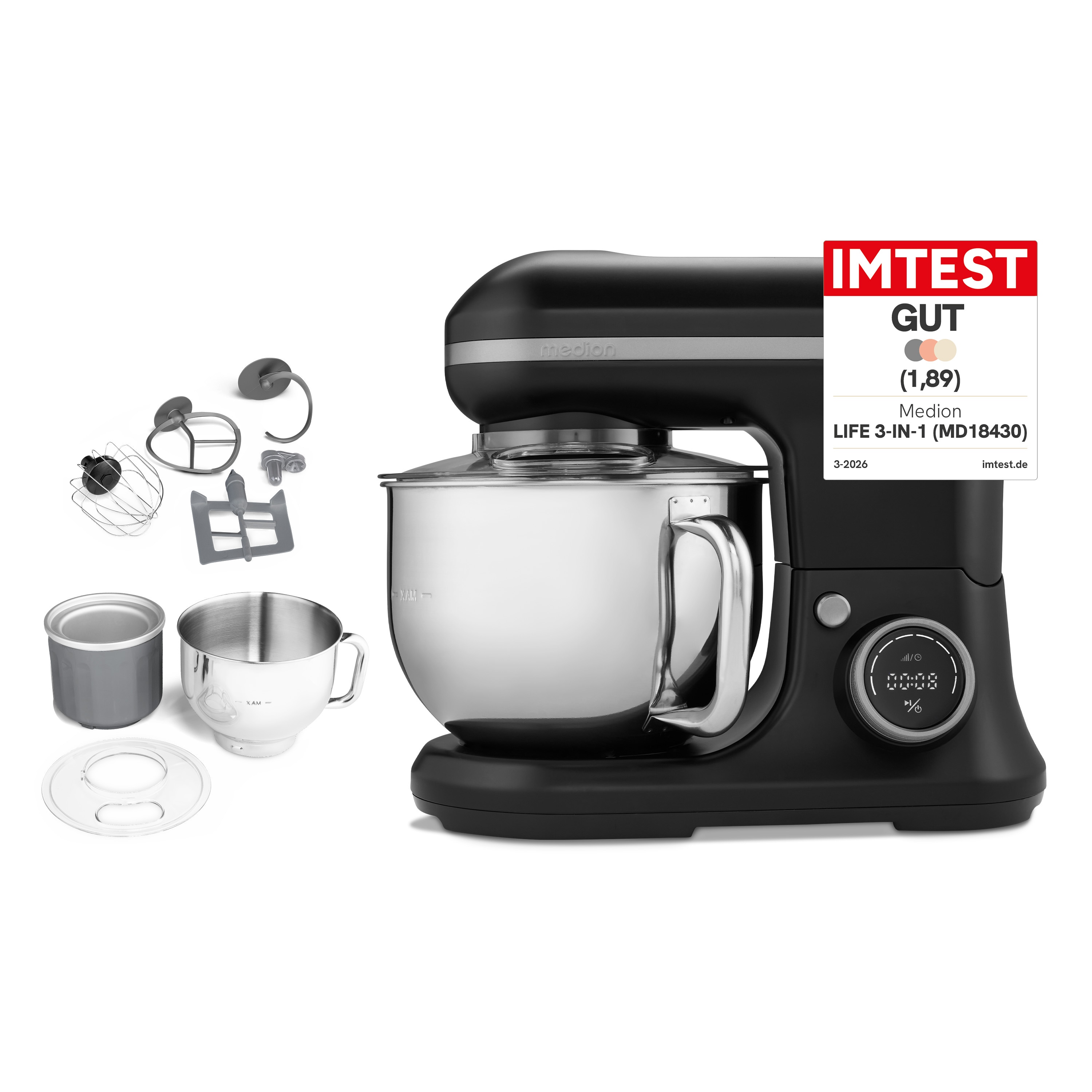 MEDION® LIFE 3-in-1 Digitale Küchenmaschine MD18430, 1.200 W, 8 Geschwindigkeitsstufen, Digitales Sensor-Touch-Display, umfangreiches Zubehör