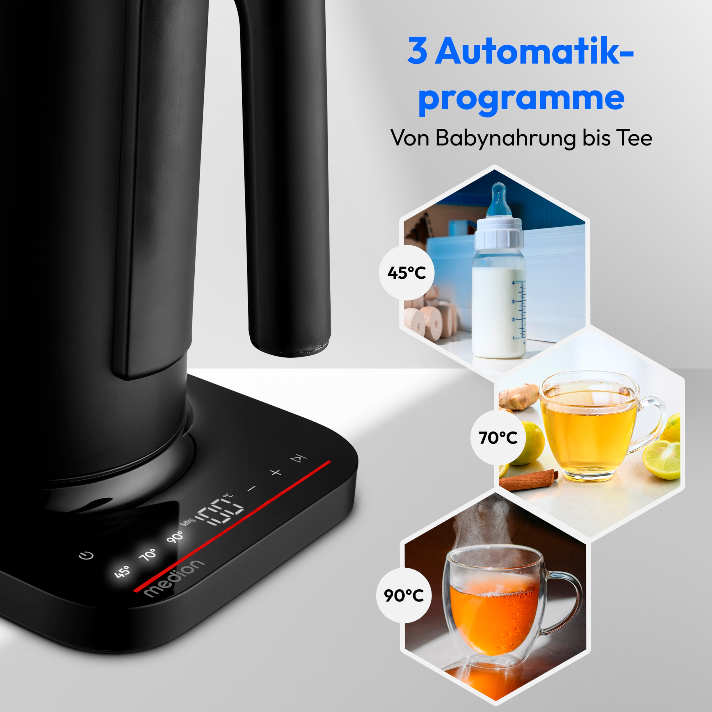 MEDION® LIFE Digitaler Wasserkocher MD12106, 2.200 Watt Leistung, 1,5 Liter Kapazität, LED-Display, LED-leuchtbalken, automatische Programme, Kindersicherung