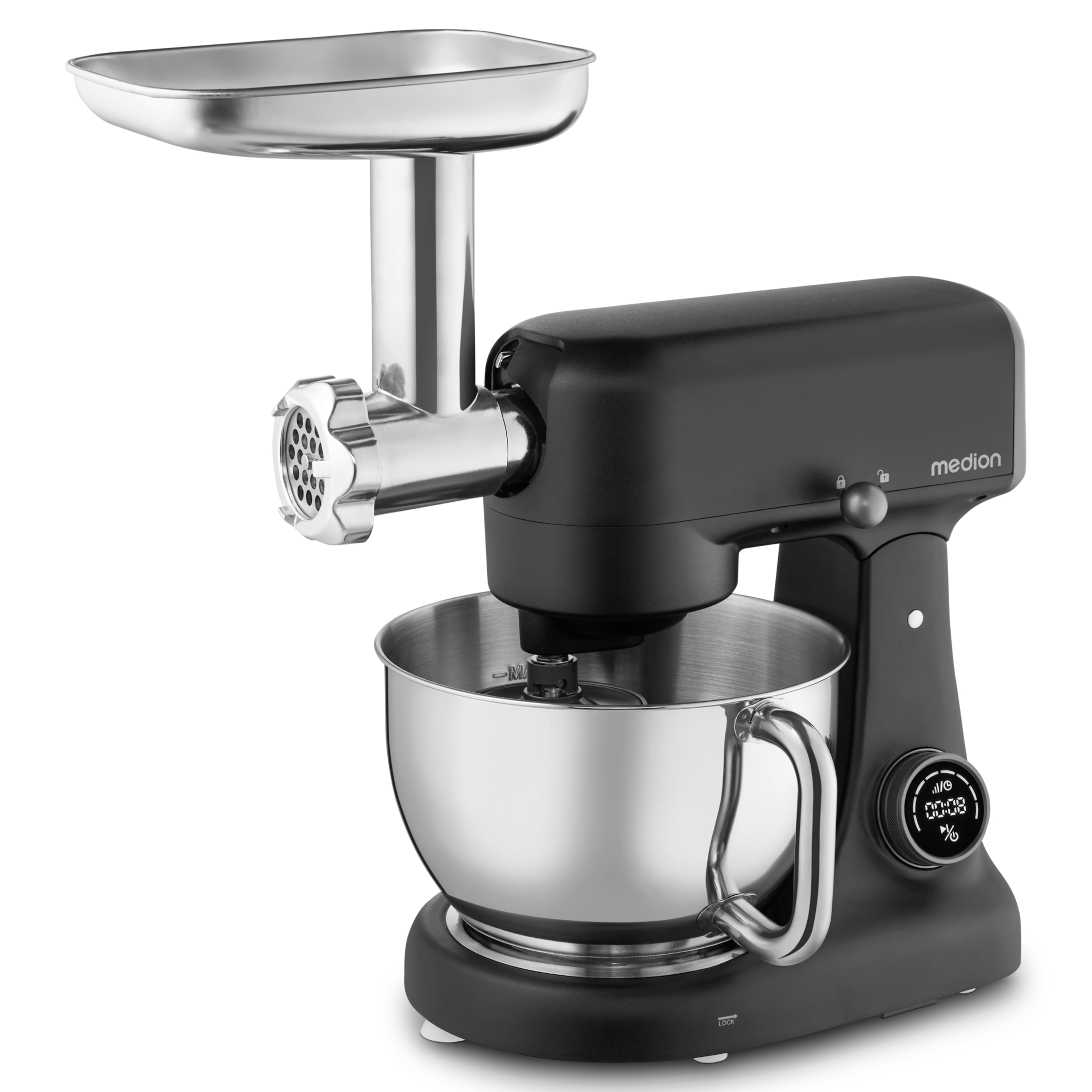 MEDION® LIFE Digitale Küchenmaschine MD12600, 800 W Gleichstrommotor, Energiesparend, Ultraleise, Digitales Sensor-Touch-Display, 4,6 L Edelstahlschüssel, Inkl. Fleischwolf
