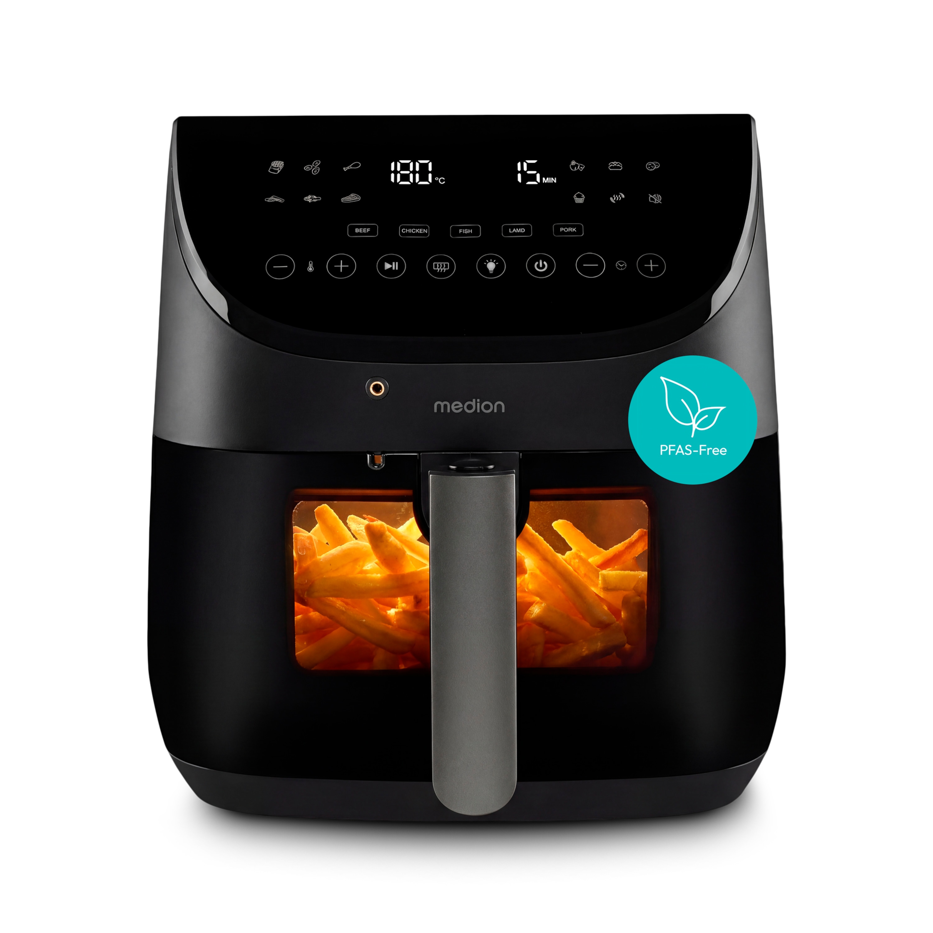 MEDION® LIFE Heißluftfritteuse X20 XL (MD13060), Temperaturfühler, MEDION Life+ App, Touch-Sensor- Bedienfeld, 6,6 L Fassungsvermögen, 10 Automatikprogramme, 5 Fleischprogramme