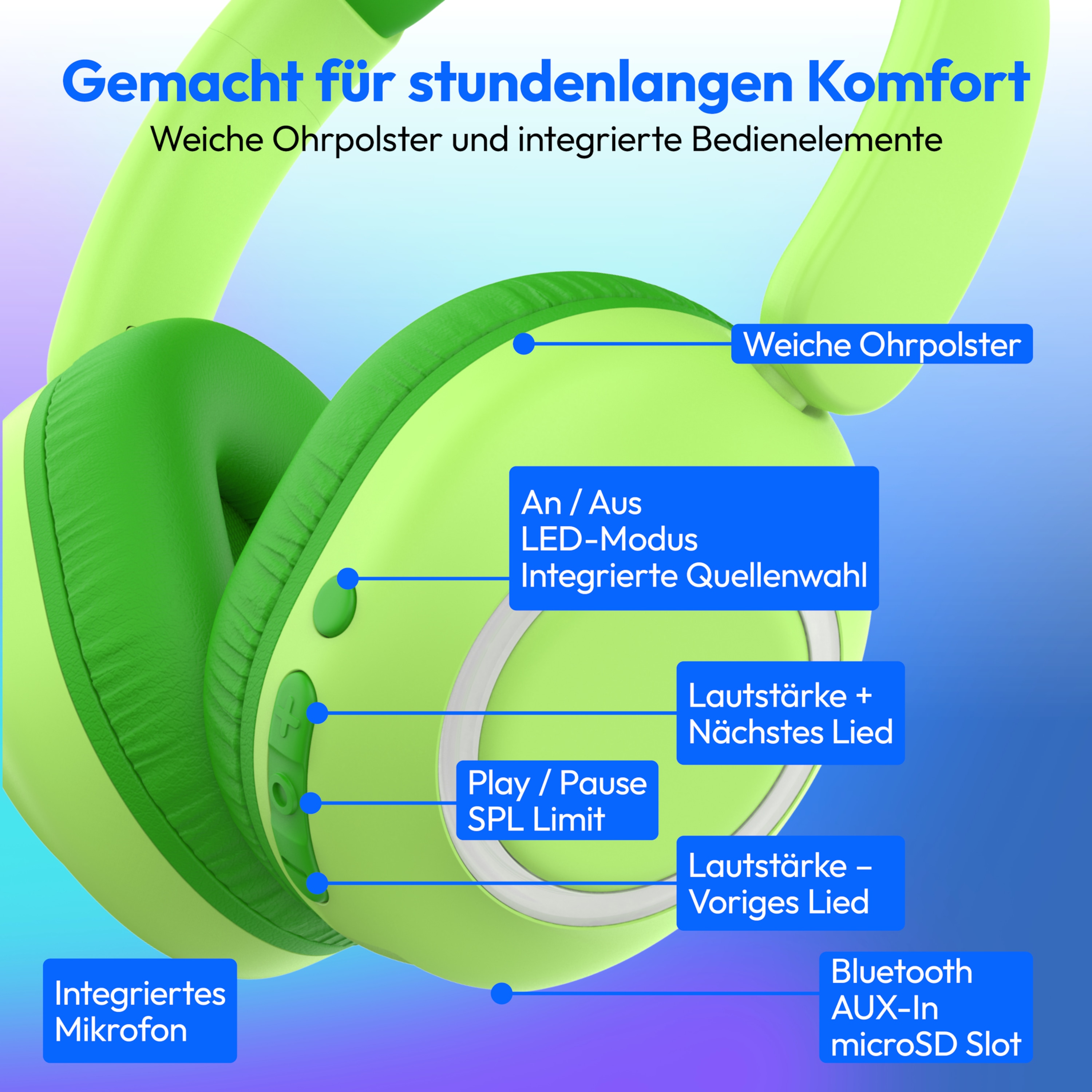 MEDION® LIFE HE-1 Kids Bluetooth Kinderkopfhörer, 3-stufiger Gehörschutz, bis zu 85 Std. Akkulaufzeit, MP3-Player, Bluetooth 5.4, AUX & microSD, LED-Lichtring, austauschbare Designs