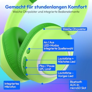 MEDION® LIFE HE-1 Kids Bluetooth Kinderkopfhörer, 3-stufiger Gehörschutz, bis zu 85 Std. Akkulaufzeit, MP3-Player, Bluetooth 5.4, AUX & microSD, LED-Lichtring, austauschbare Designs