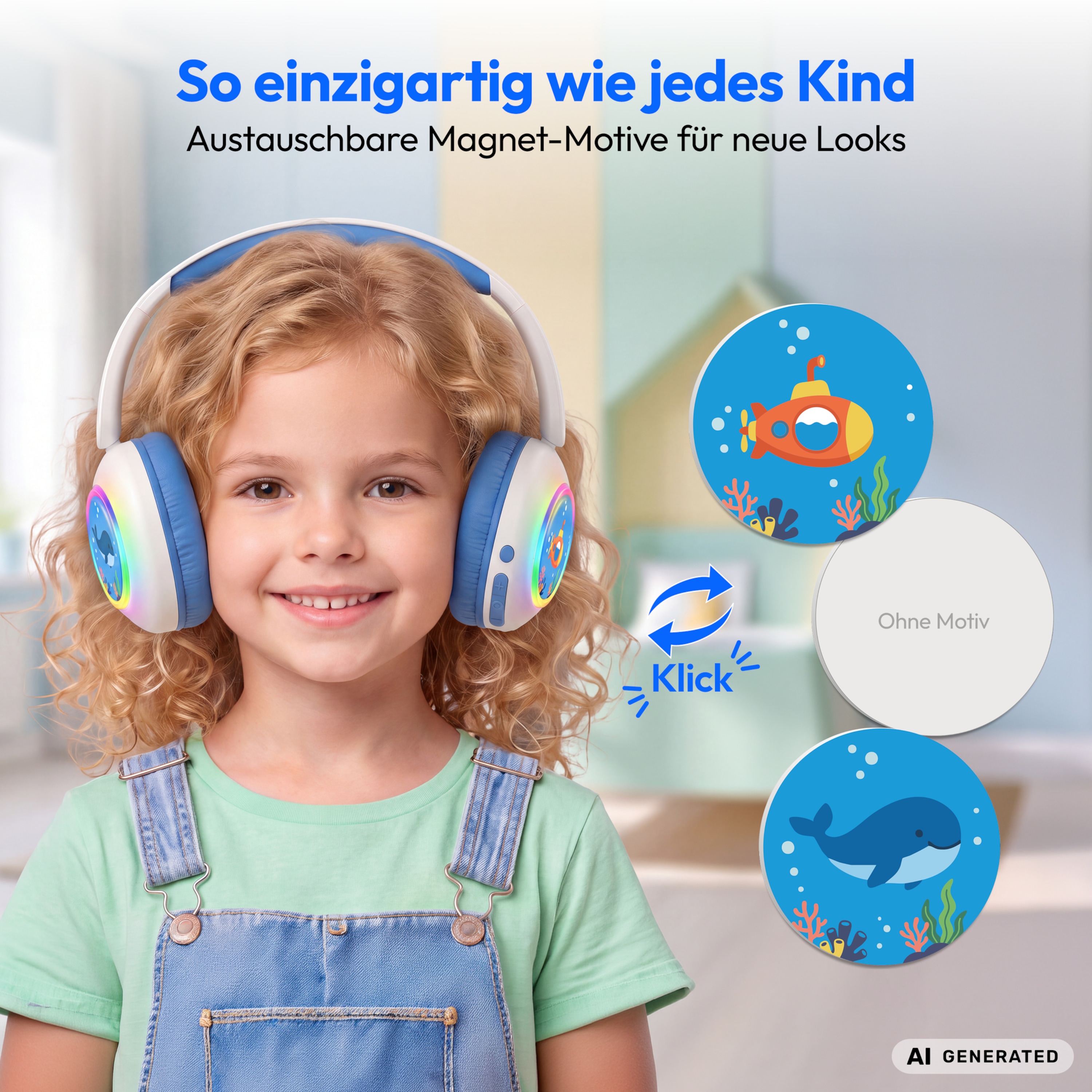 MEDION® LIFE HE-1 Kids Bluetooth Kinderkopfhörer, 3-stufiger Gehörschutz, bis zu 85 Std. Akkulaufzeit, MP3-Player, Bluetooth 5.4, AUX & microSD, LED-Lichtring, austauschbare Designs