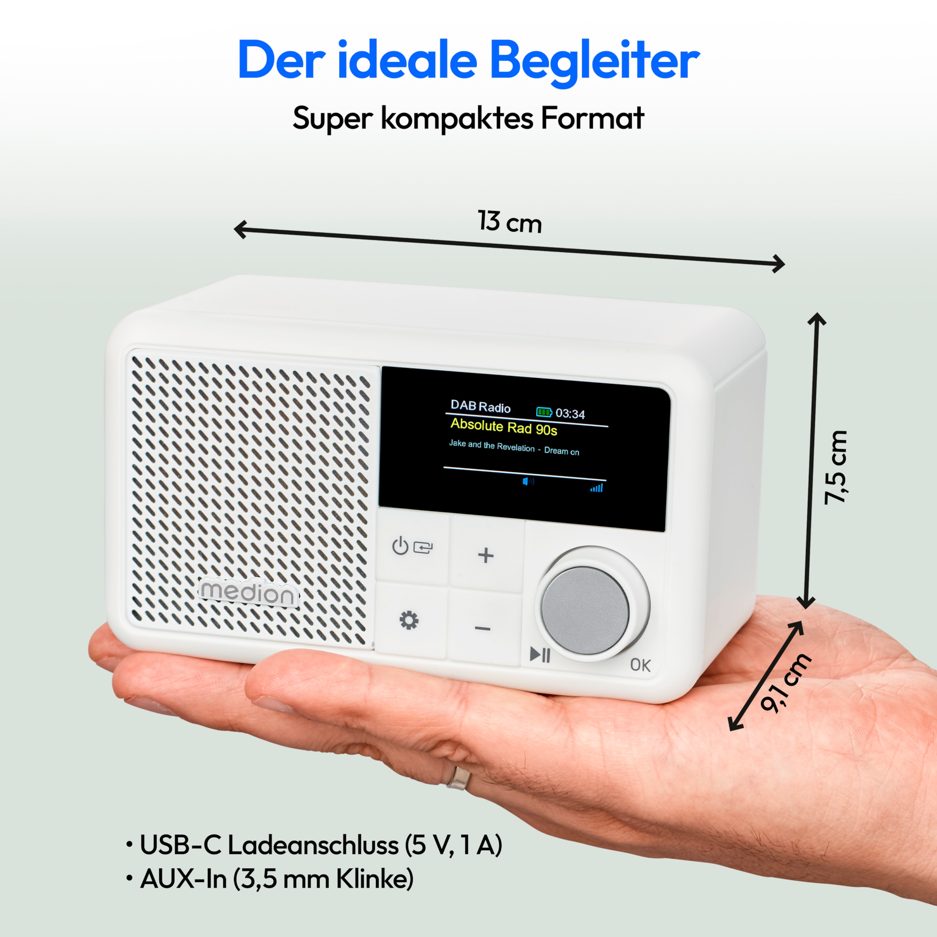 MEDION® LIFE® S66822 Tragbares DAB+ Radio, Farb-TFT Display 3,73 cm (1,47''), DAB+/UKW-Radio (je 40 Senderspeicher), Bluetooth® 5.3, integrierter Akku, extra kompakt, 2 W RMS