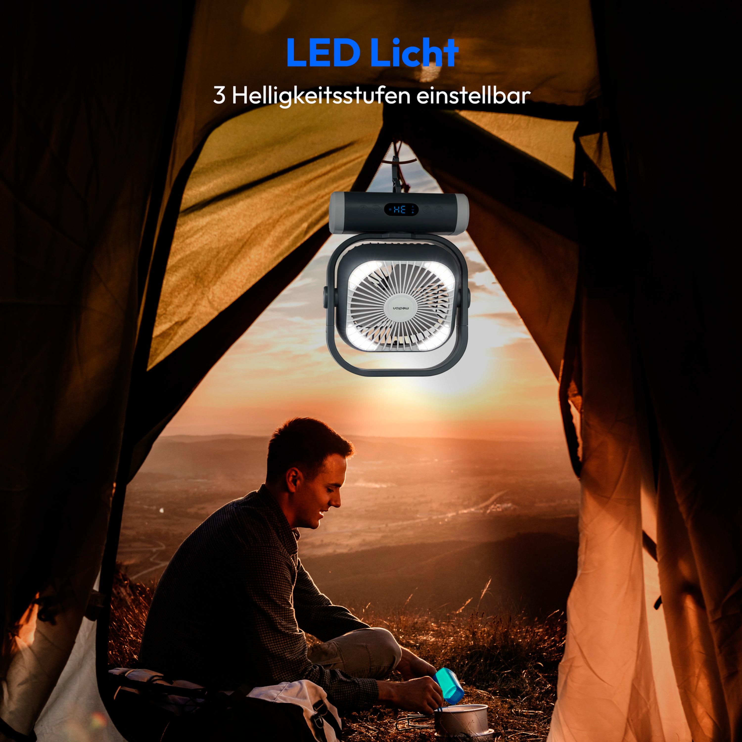 MEDION® LIFE Camping Ventilator E10 TF, 20 W Leistung, 5 Geschwindigkeitsstufen, 110° Oszillation, 10.000 mAh Akku, als Powerbank nutzbar, LED