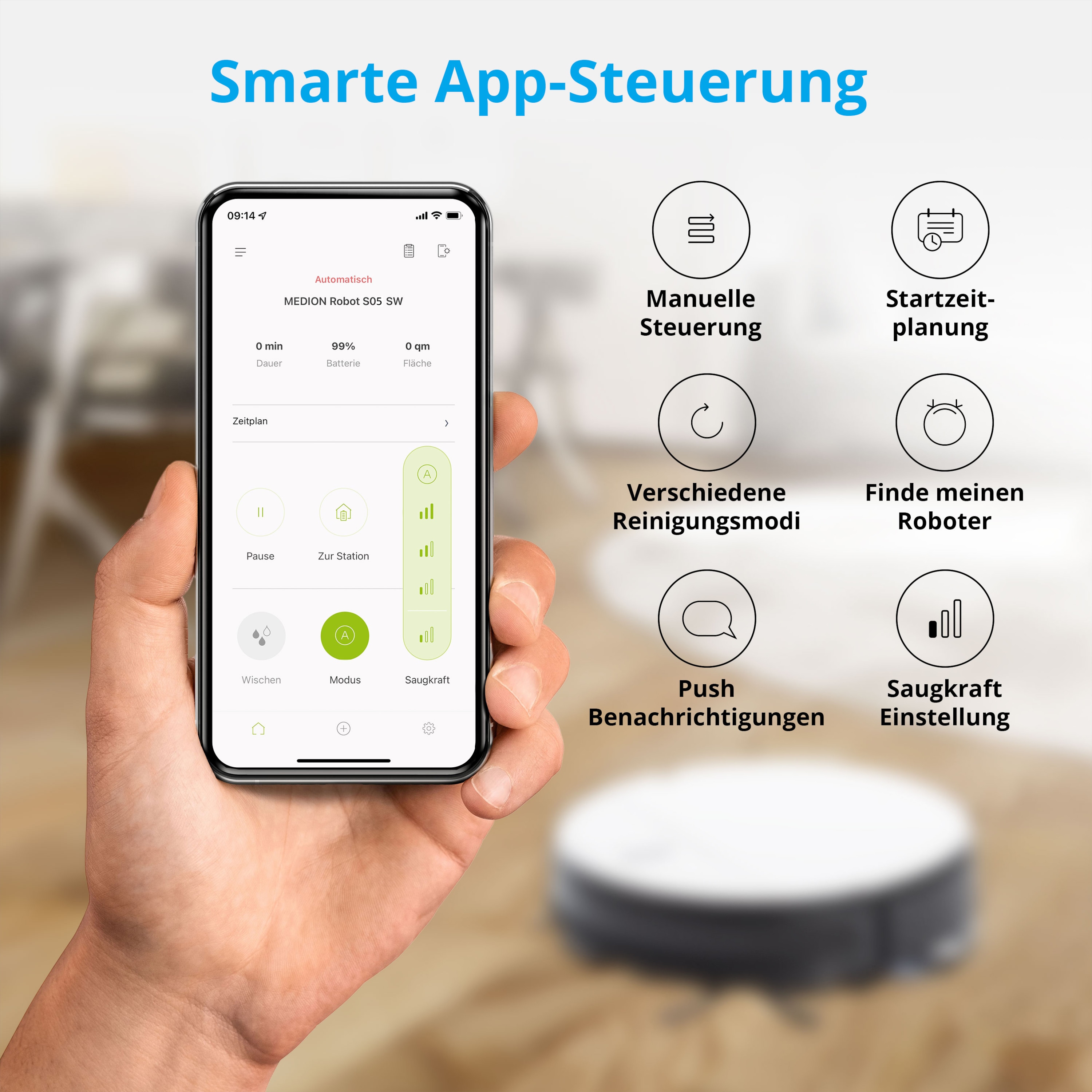 MEDION® Saugroboter S05 SW, App- und Alexa-Steuerung, Saugen und Wischen gleichzeitig, intelligente Navigation, langlebiger BLDC-Motor, 2.000 Pa Saugkraft