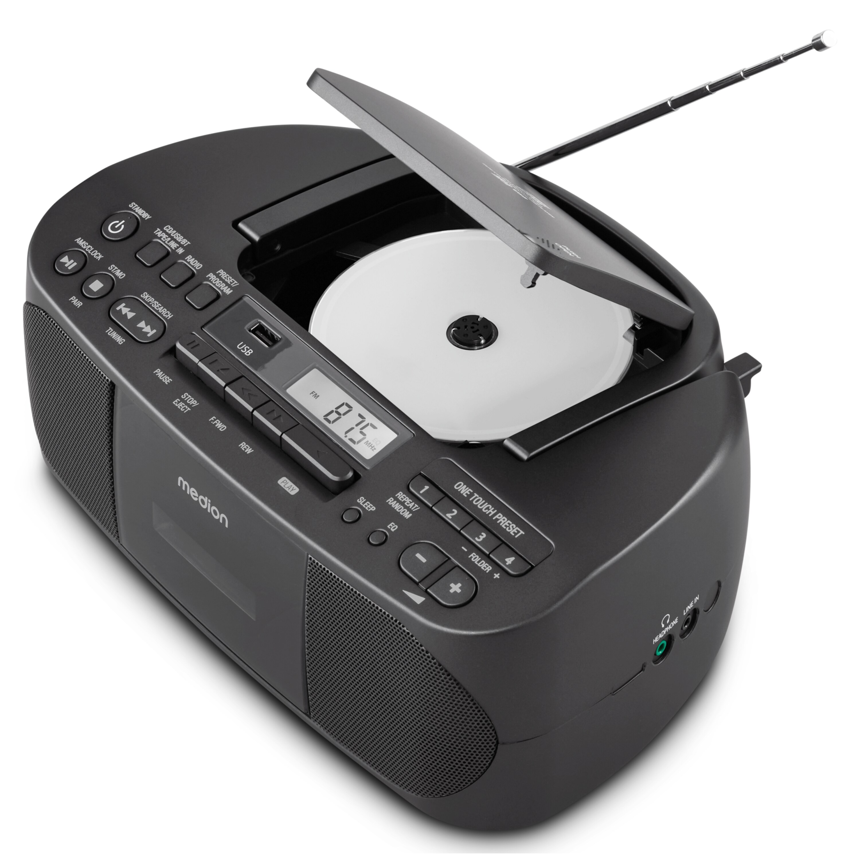 MEDION® LIFE® E65010 Boombox, CD-Kassetten-Radio mit MP3-Wiedergabe, PLL-UKW Radio, USB Anschluss, CD-R/RW kompatibel, AUX-In, 2 x 3 W RMS