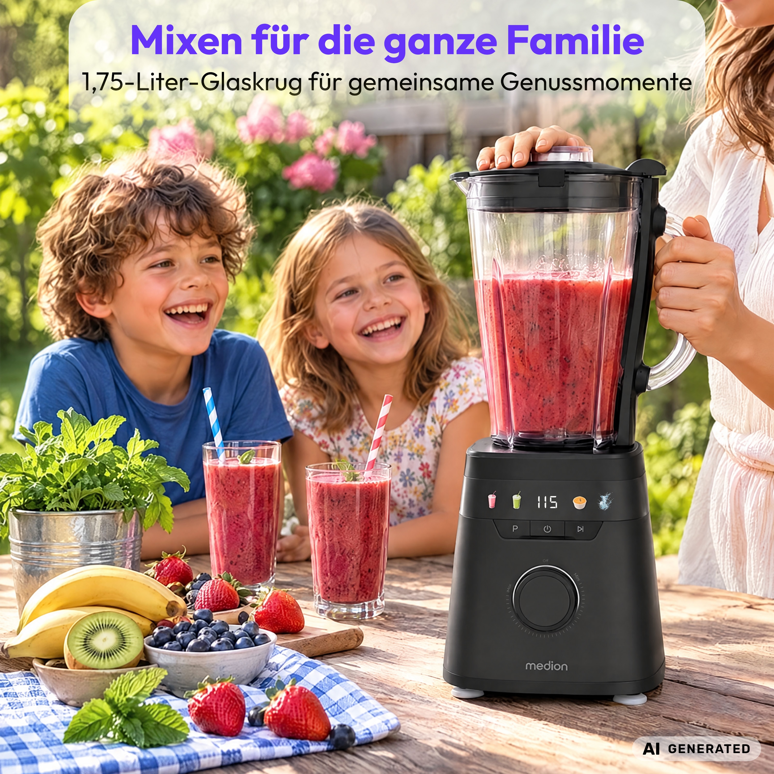 MEDION® LIFE® Standmixer MD 100105, 900 Watt (neue GS Norm), 1,75 Liter Glasbehälter, 4 Automatikprogramme, LED-Display, stufenlose Geschwindigkeitsregelung, To-go-Flasche